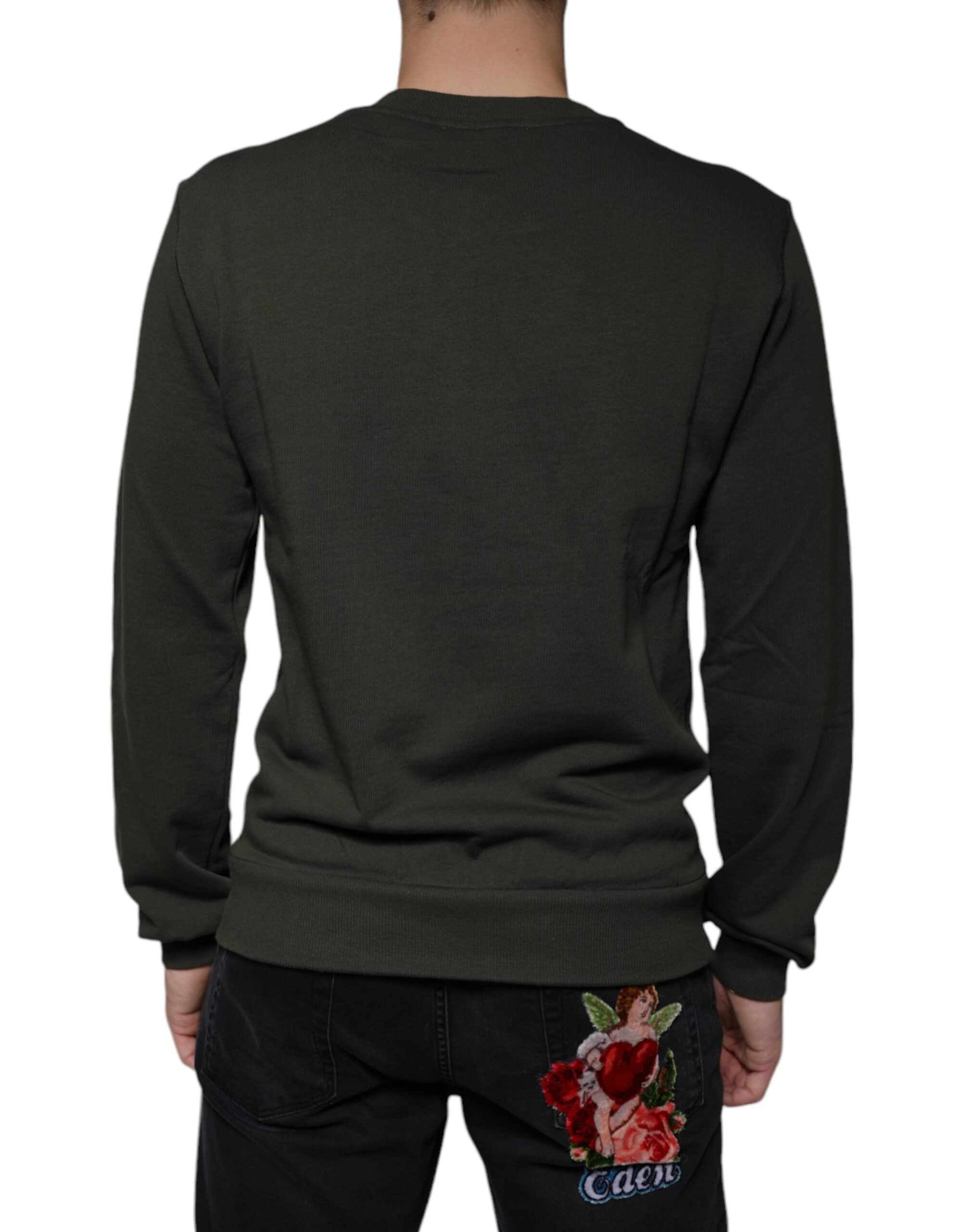 Pull à col rond vert armée Dolce & Gabbana avec logo DG sur la poitrine, en coton confortable.