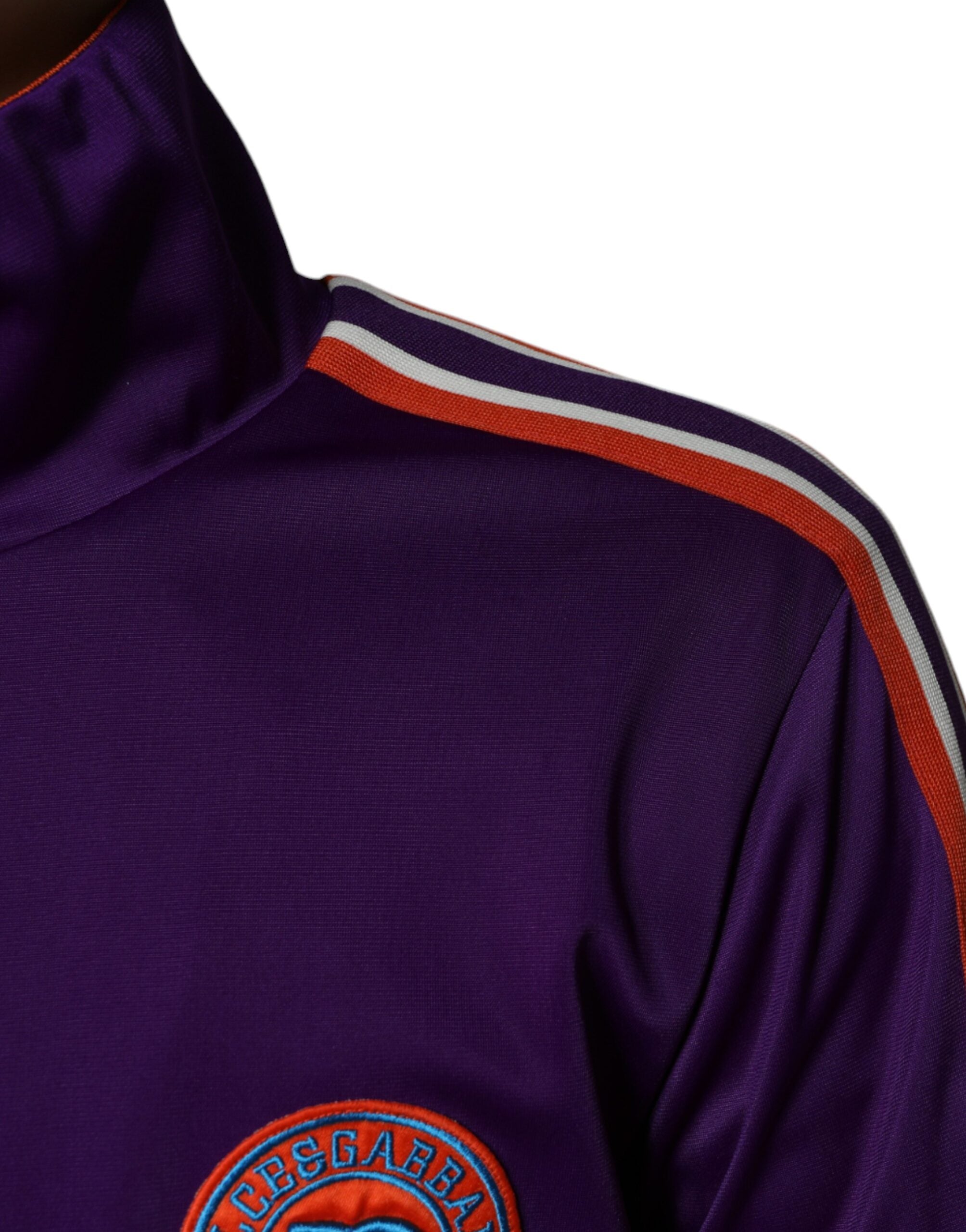 Pull Dolce & Gabbana en polyester violet à manches longues avec fermeture éclair complète, vue de face.