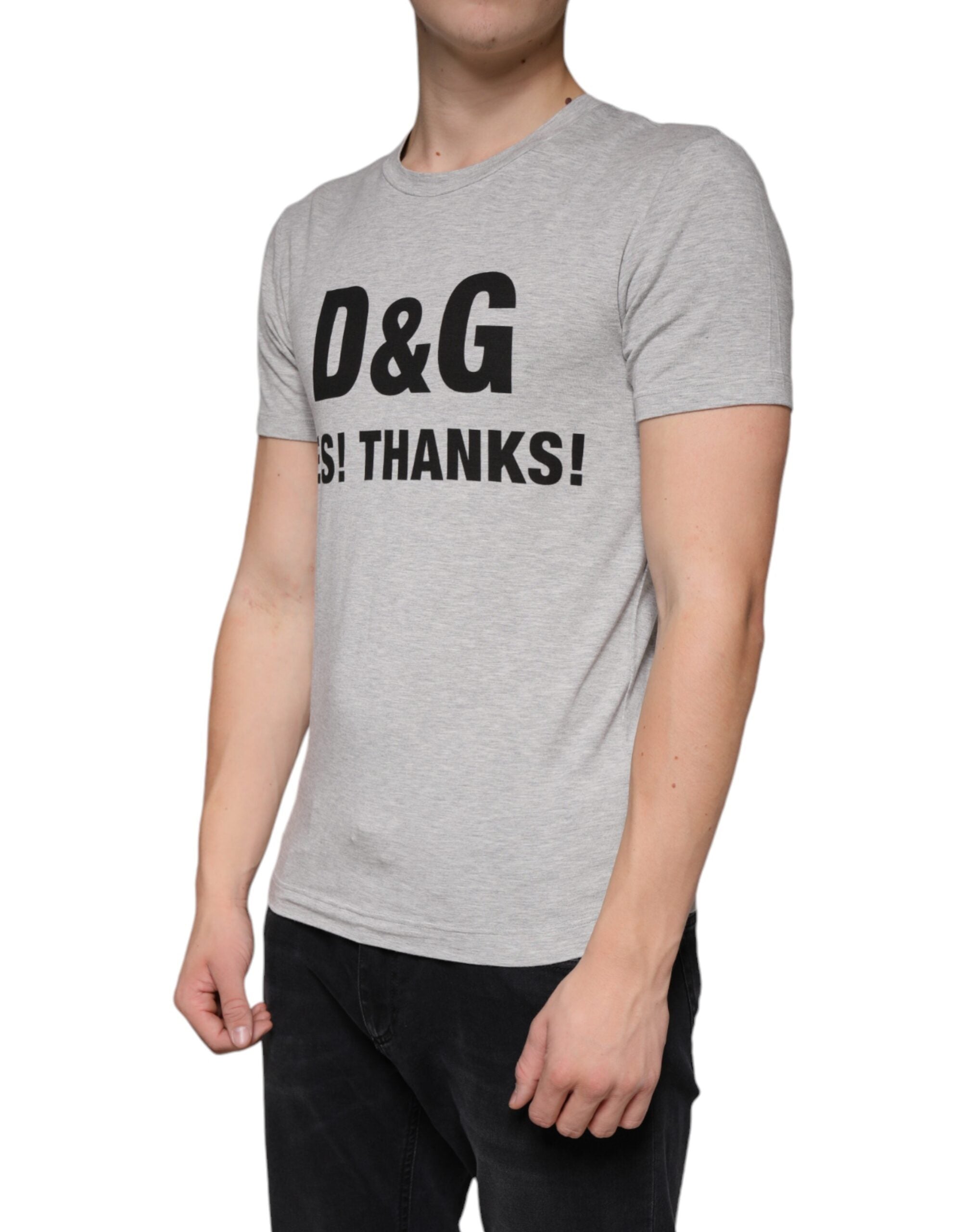 T-shirt à manches courtes gris Dolce & Gabbana avec logo imprimé, col rond, tissu doux et confortable.