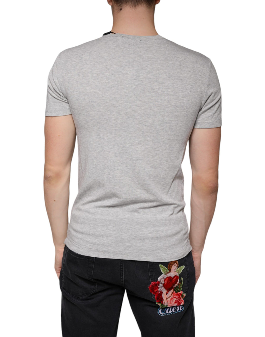 T-shirt à manches courtes gris Dolce & Gabbana avec logo imprimé, col rond, style décontracté et moderne.