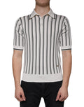 Polo à manches courtes Dolce & Gabbana blanc et noir avec rayures, tissu léger et style élégant.