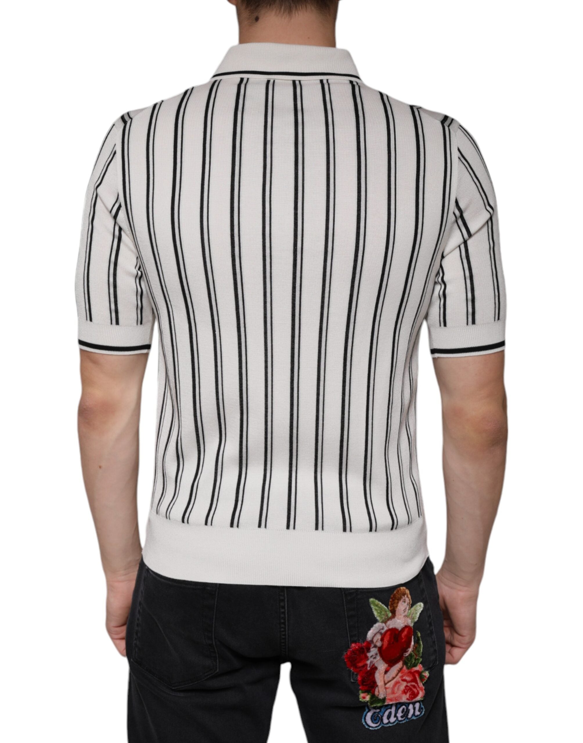 T-shirt polo à manches courtes Dolce & Gabbana blanc et noir avec rayures, design élégant et style classique.