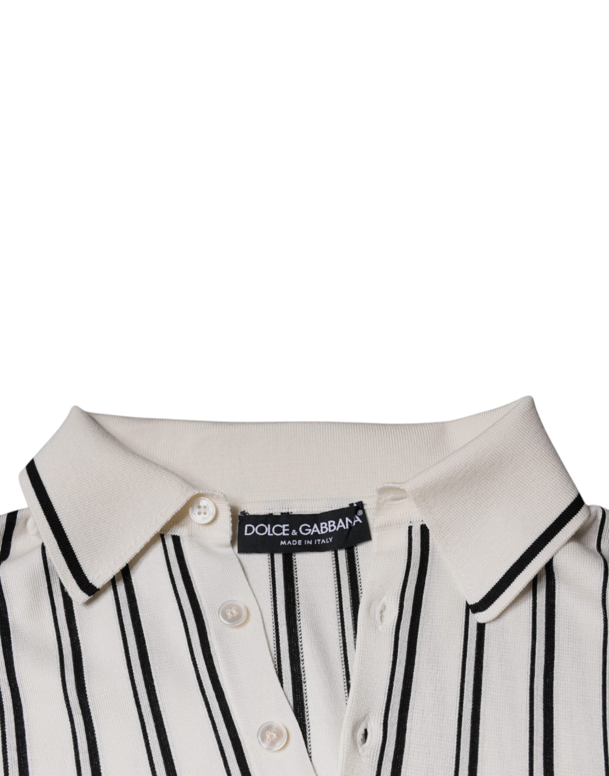 Polo à manches courtes Dolce & Gabbana blanc et noir avec rayures, style élégant et décontracté.