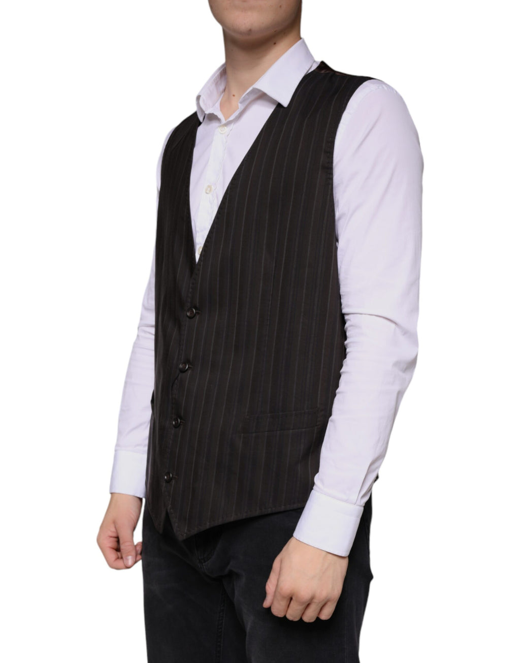 Gilet noir en coton Dolce & Gabbana, robe cintrée élégante, vêtement formel avec col et fermeture à boutons.