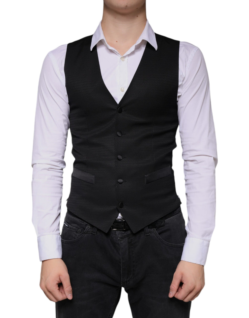 Robe sans manches en laine noire Dolce & Gabbana, robe de veste formelle élégante, détail en tissu de qualité.