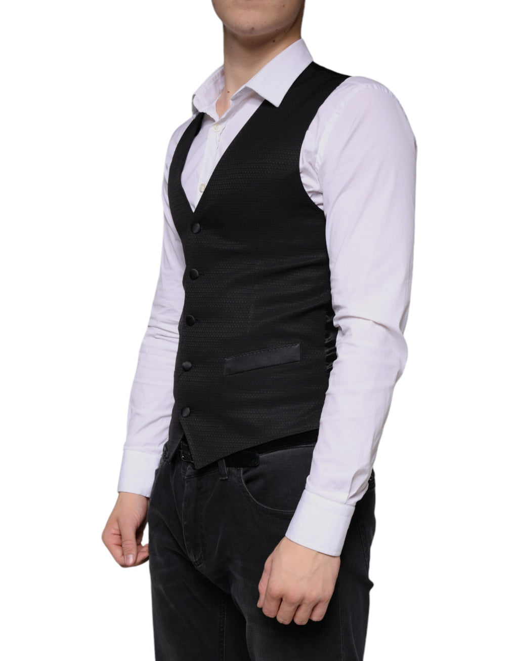Gilet de robe en laine noire Dolce & Gabbana, vêtement formel féminin, détail élégant et coupe sophistiquée.