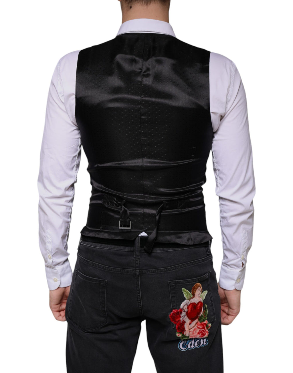 Gilet de costume noir en laine Dolce & Gabbana, robe cintrée élégante pour occasions formelles, détail sophistiqué en tissu fin