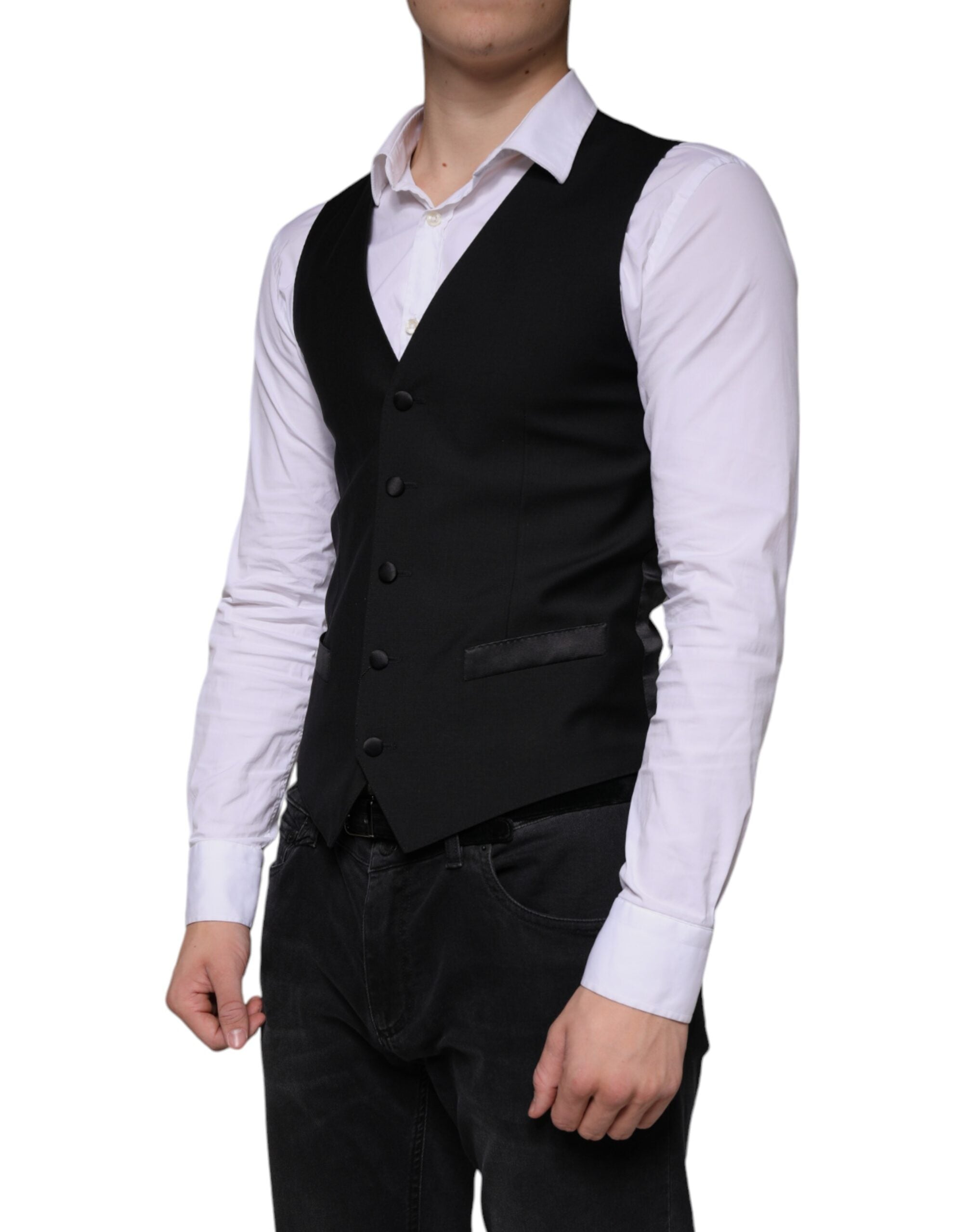 Gilet de costume noir en laine Dolce & Gabbana, robe élégante et formelle, ajusté à la taille, avec col classique et détails sophistiqués.