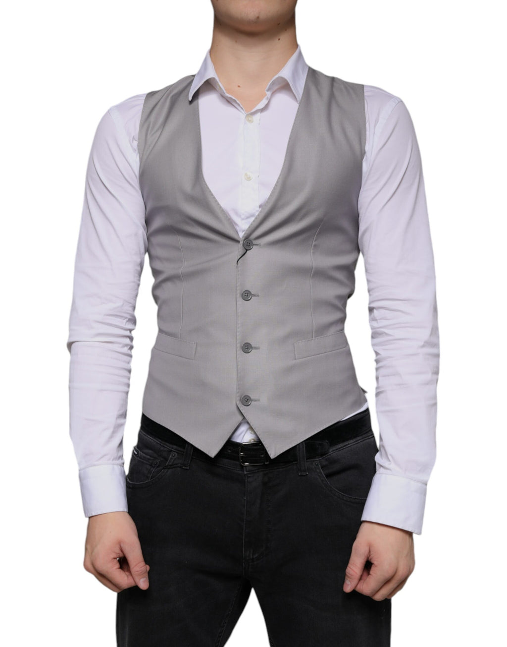 Gilet formel en laine gris clair Dolce & Gabbana, veste élégante pour homme, détail de la coupe et du tissu en gros plan