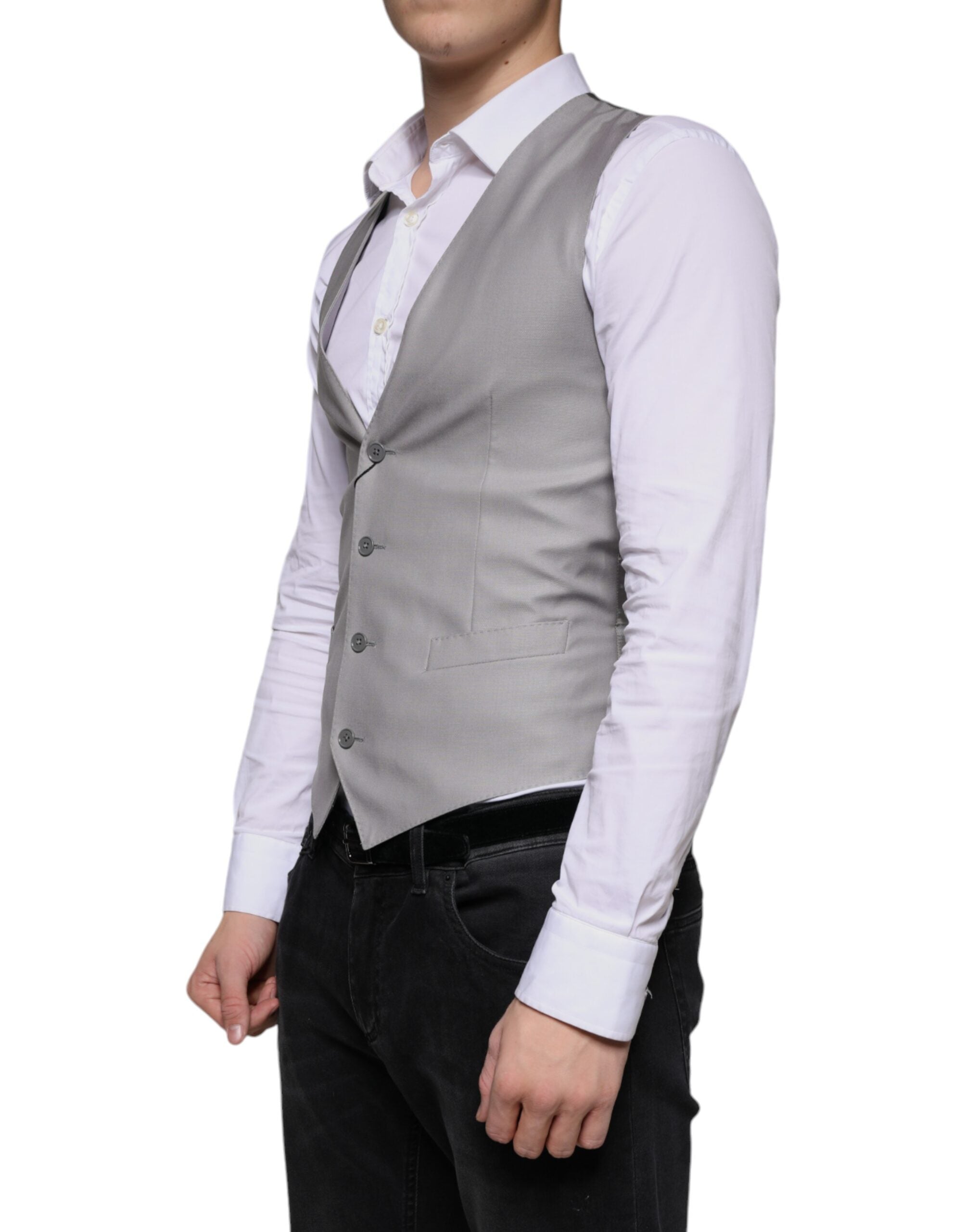 Gilet formel en laine gris clair Dolce & Gabbana, veste ajustée avec détails élégants, porté sur un mannequin.