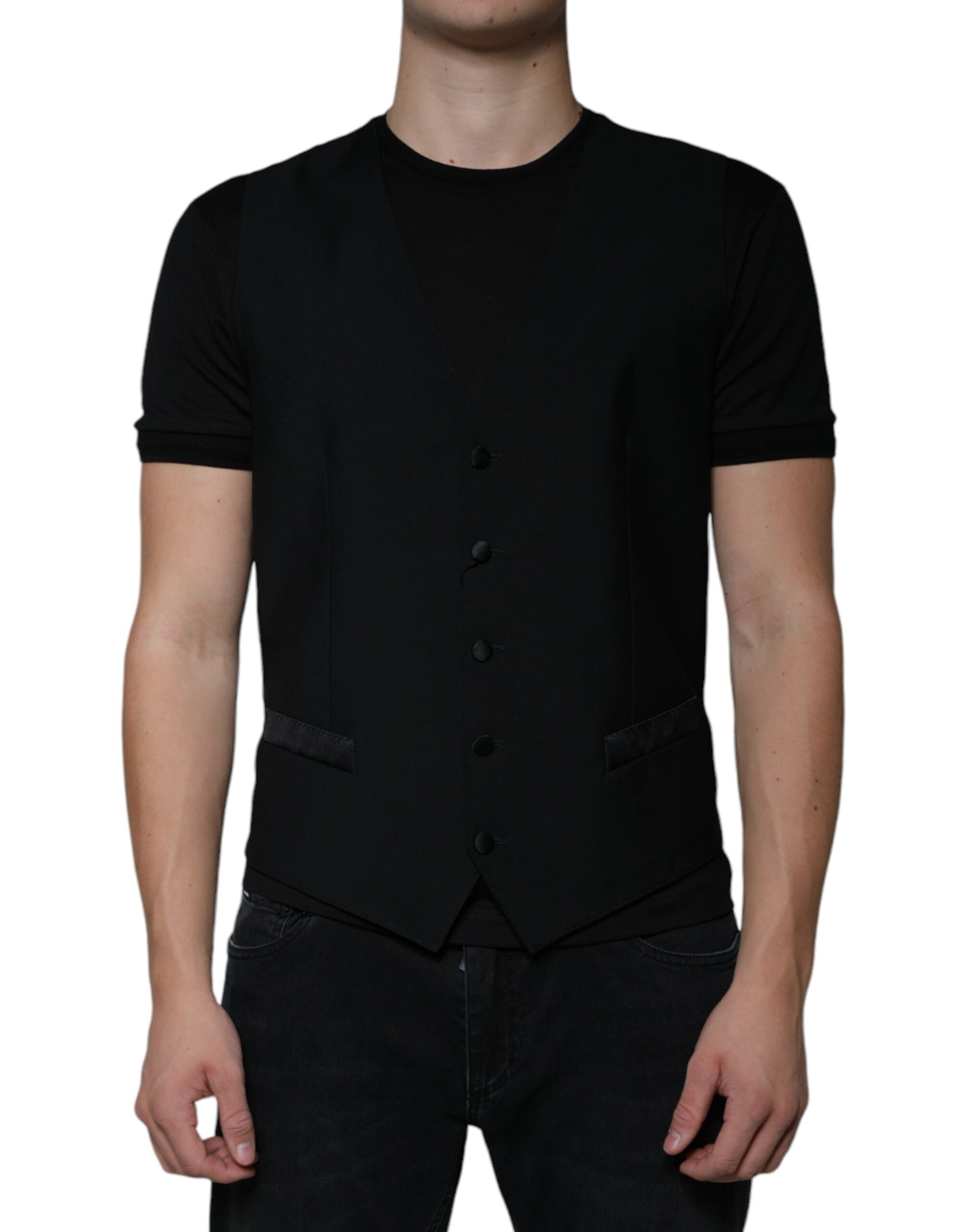 Gilet de costume en laine noire Dolce & Gabbana pour homme, veste formelle élégante avec coupe classique.