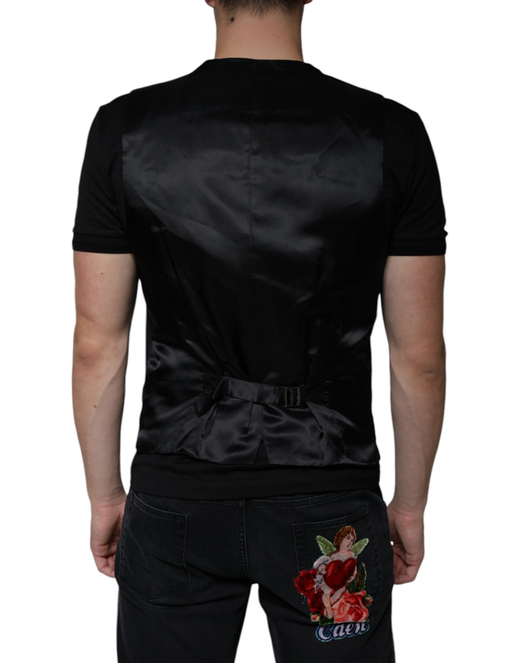 Gilet formel en laine noire Dolce & Gabbana pour homme, élégante veste de costume avec boutons et coupe ajustée.