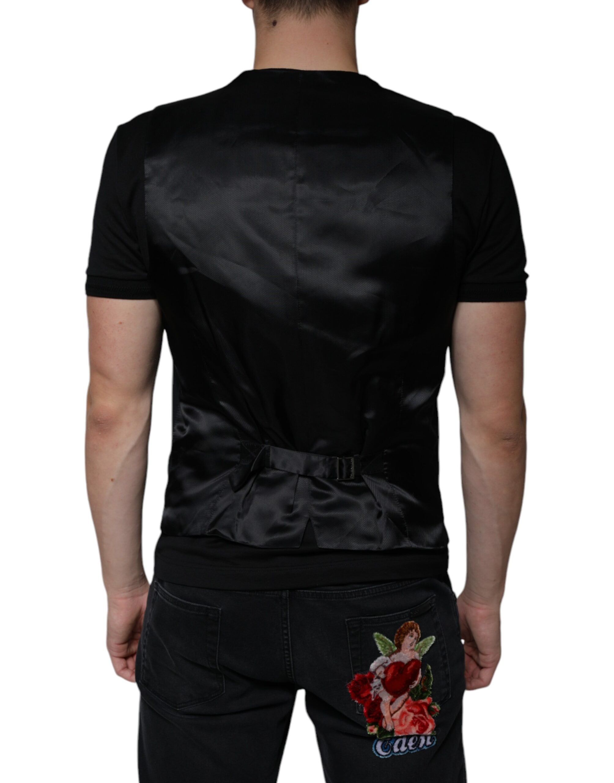 Gilet formel en laine noire Dolce & Gabbana pour homme, élégante veste de costume avec boutons et coupe ajustée.