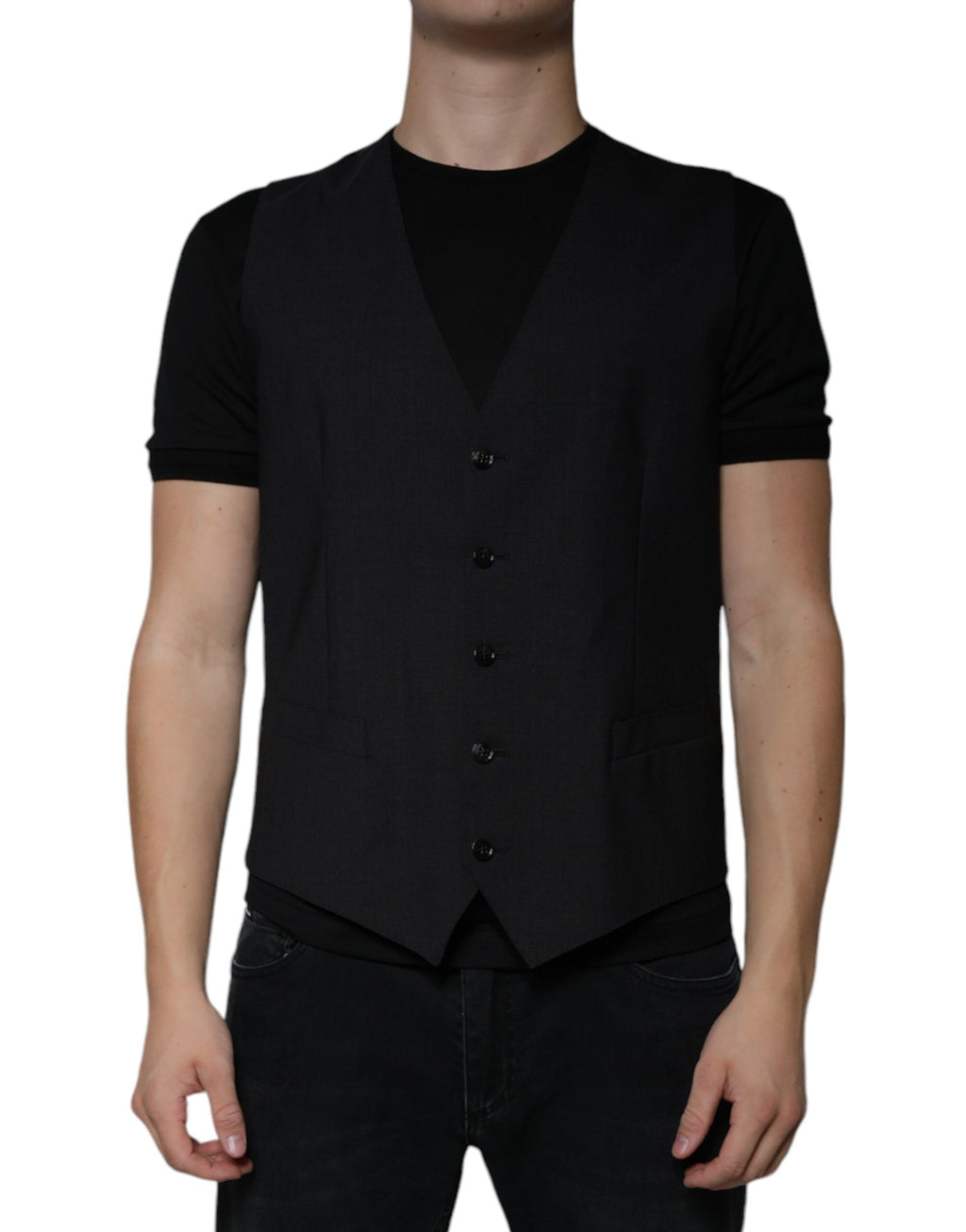 Gilet noir en laine de marque Dolce & Gabbana, style veston formel pour femme, détails élégants et coupe ajustée.