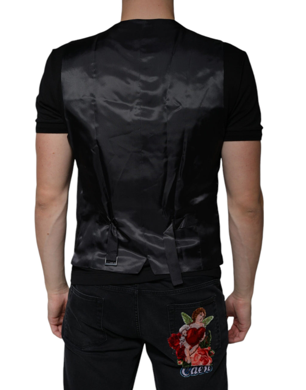 Robe-veste noire en laine Dolce & Gabbana, tenue formelle élégante avec coupe ajustée et détails sophistiqués.