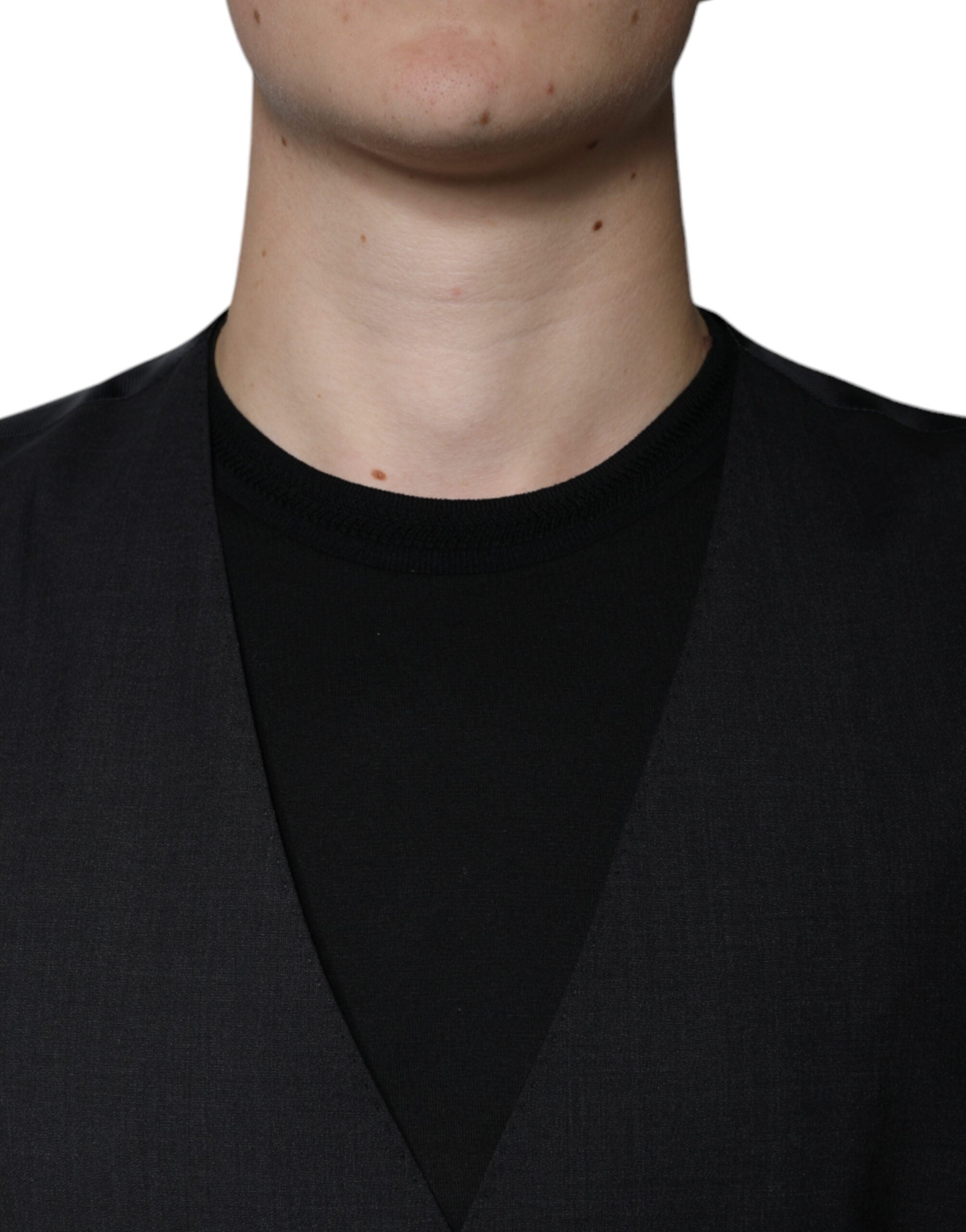 Gilet de costume noir en laine Dolce & Gabbana, robe de veste formelle élégante et sophistiquée, vue de face.