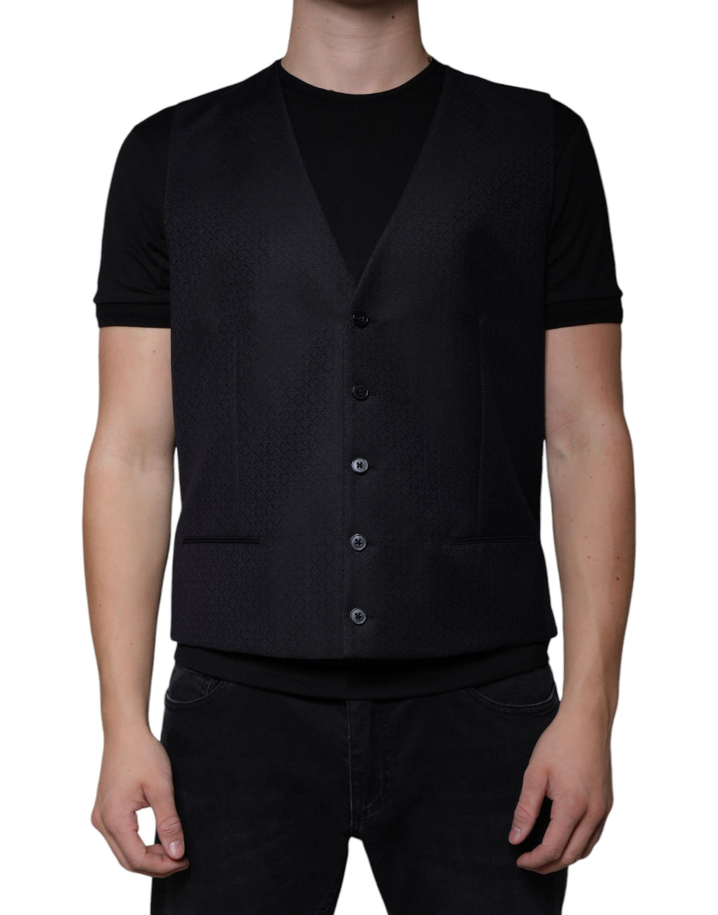 Gilet de robe en laine noire Dolce & Gabbana, vêtement formel élégant avec coupe ajustée et détails sophistiqués.