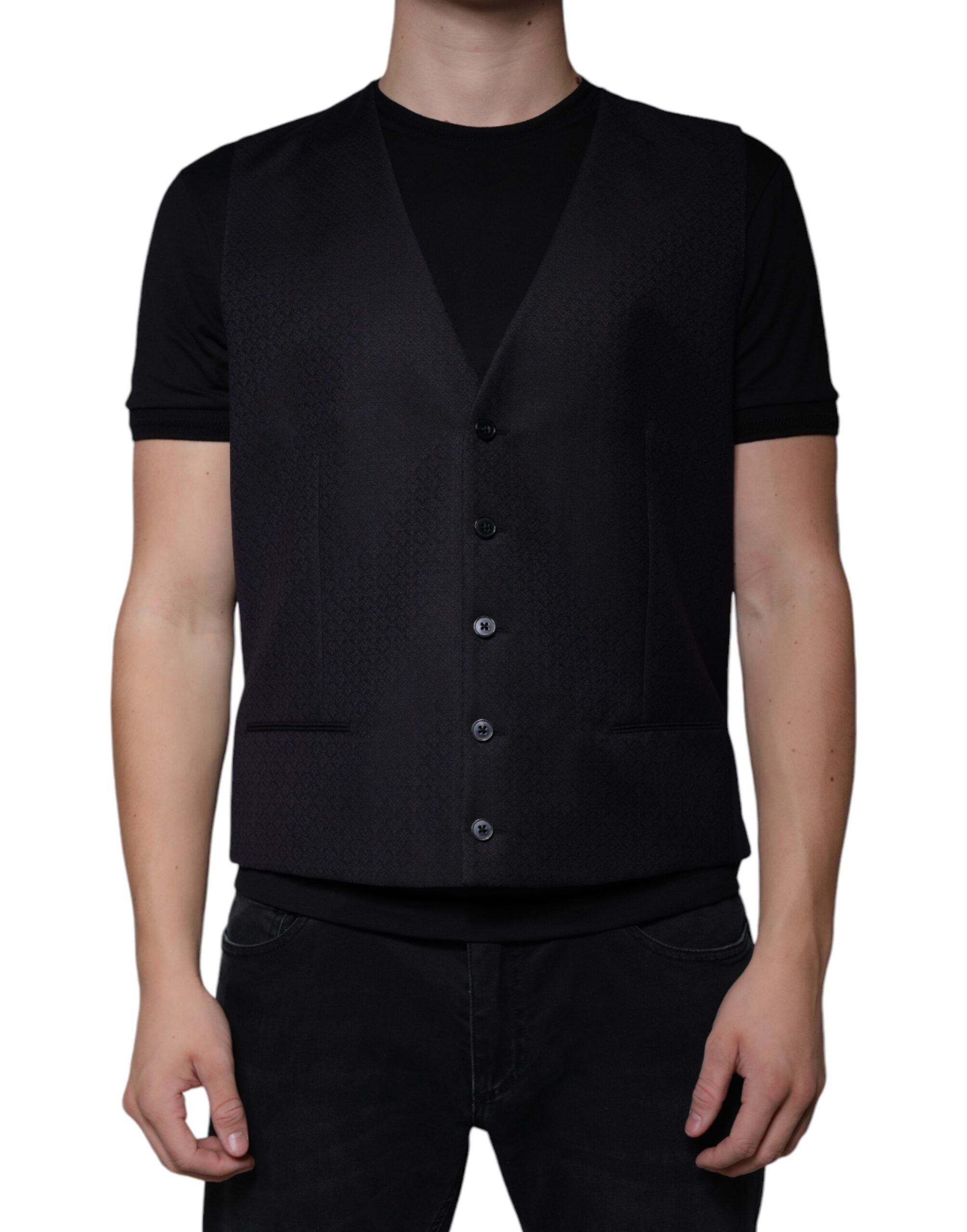 Robe de costume en laine noire Dolce & Gabbana, veste formelle ajustée avec col en V et détails élégants.