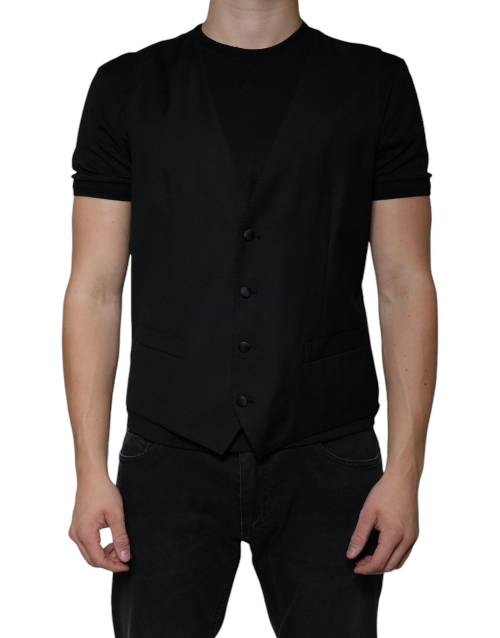 Robe-veste formelle en laine noire Dolce & Gabbana, ajustée avec col en V et détails élégants, vue de face.