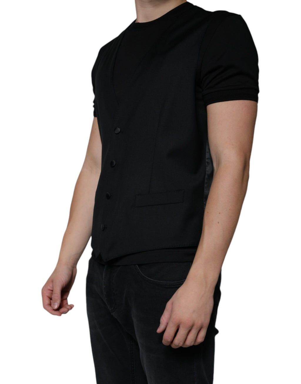 Robe-justaucorps en laine noire Dolce & Gabbana, veste formelle élégante avec ceinture intégrée, vue de face.