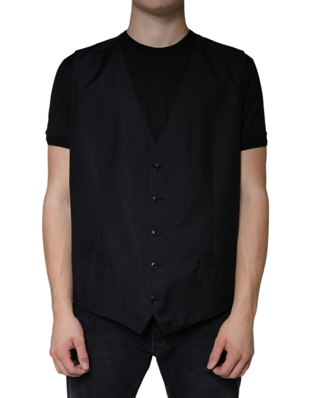 Gilet noir en laine de la marque Dolce & Gabbana, robe de costume formelle élégante pour femme.
