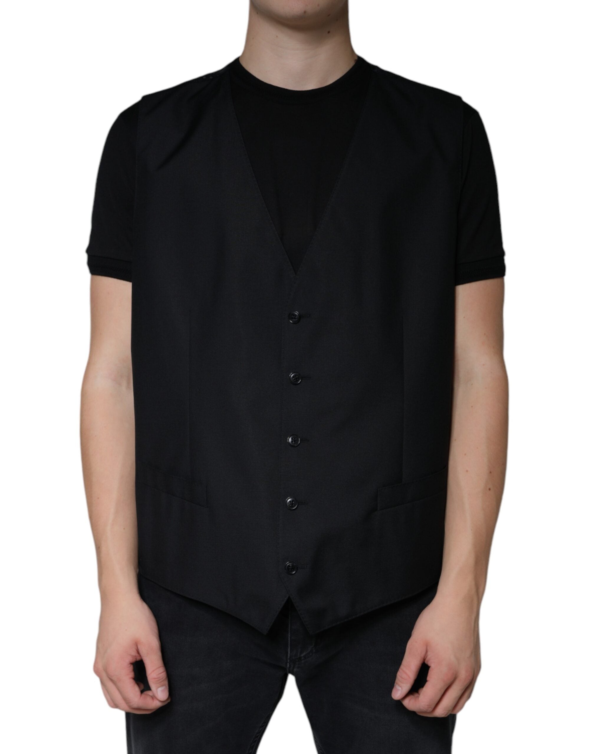 Gilet de costume noir en laine Dolce & Gabbana, robe élégante formelle avec coupe ajustée et détails sophistiqués.