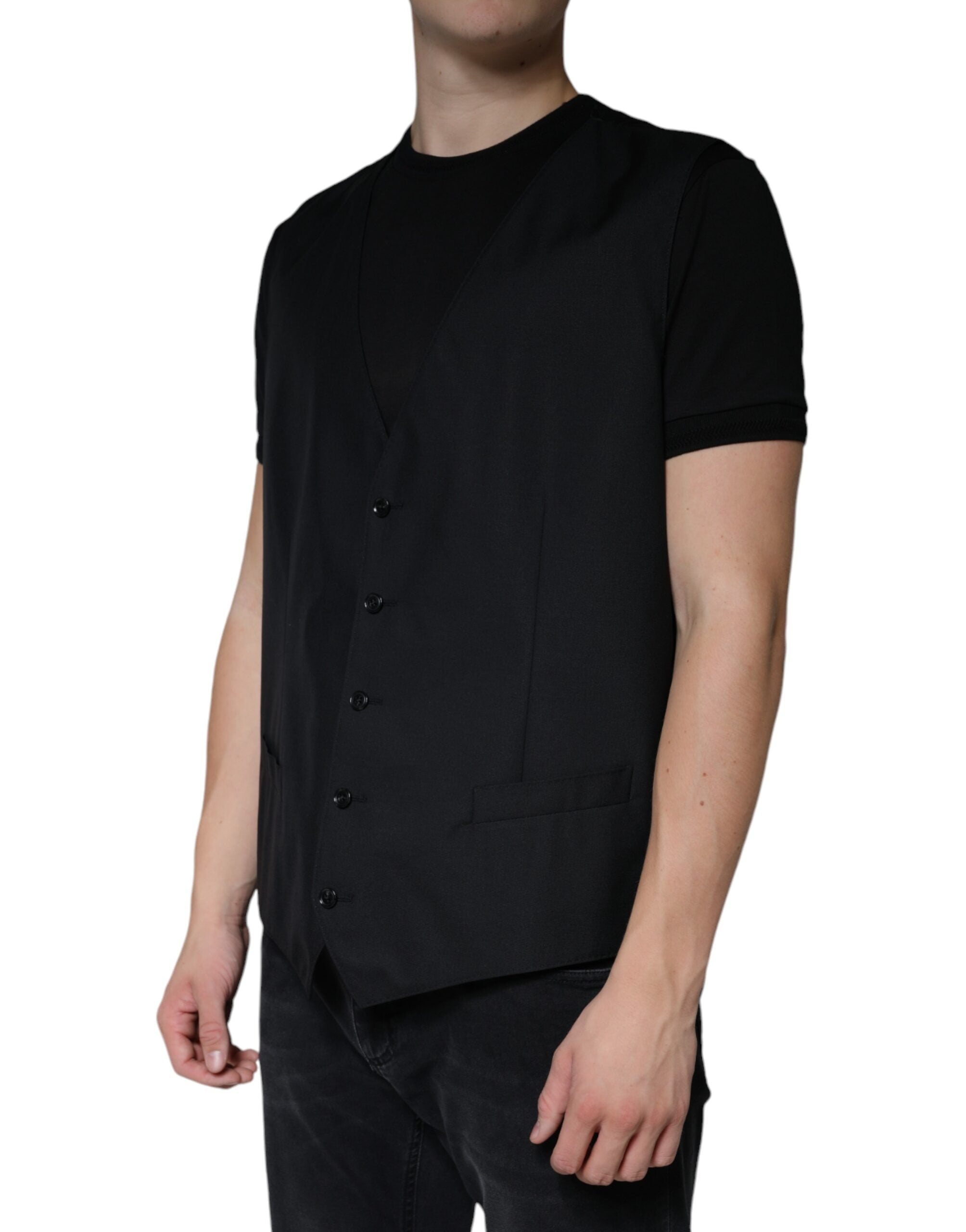 Gilet de robe en laine noire Dolce & Gabbana, vêtement formel élégant pour femme, détails de couture visibles.