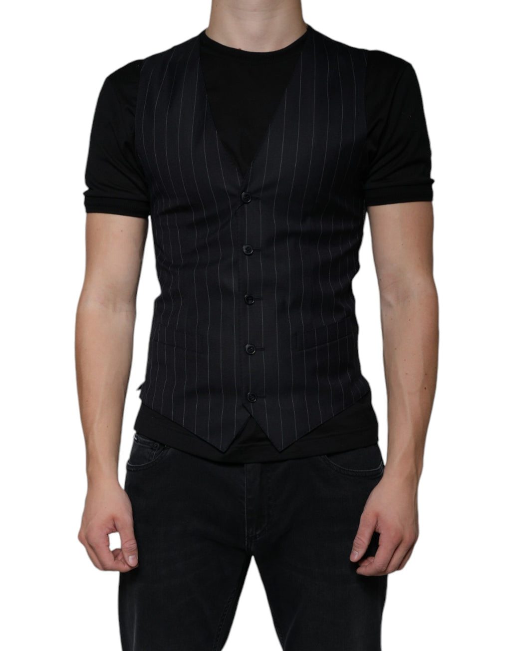 Robe-veste en cuir noir Dolce & Gabbana, vêtement formel sans manches, avec détails élégants et coupe ajustée.