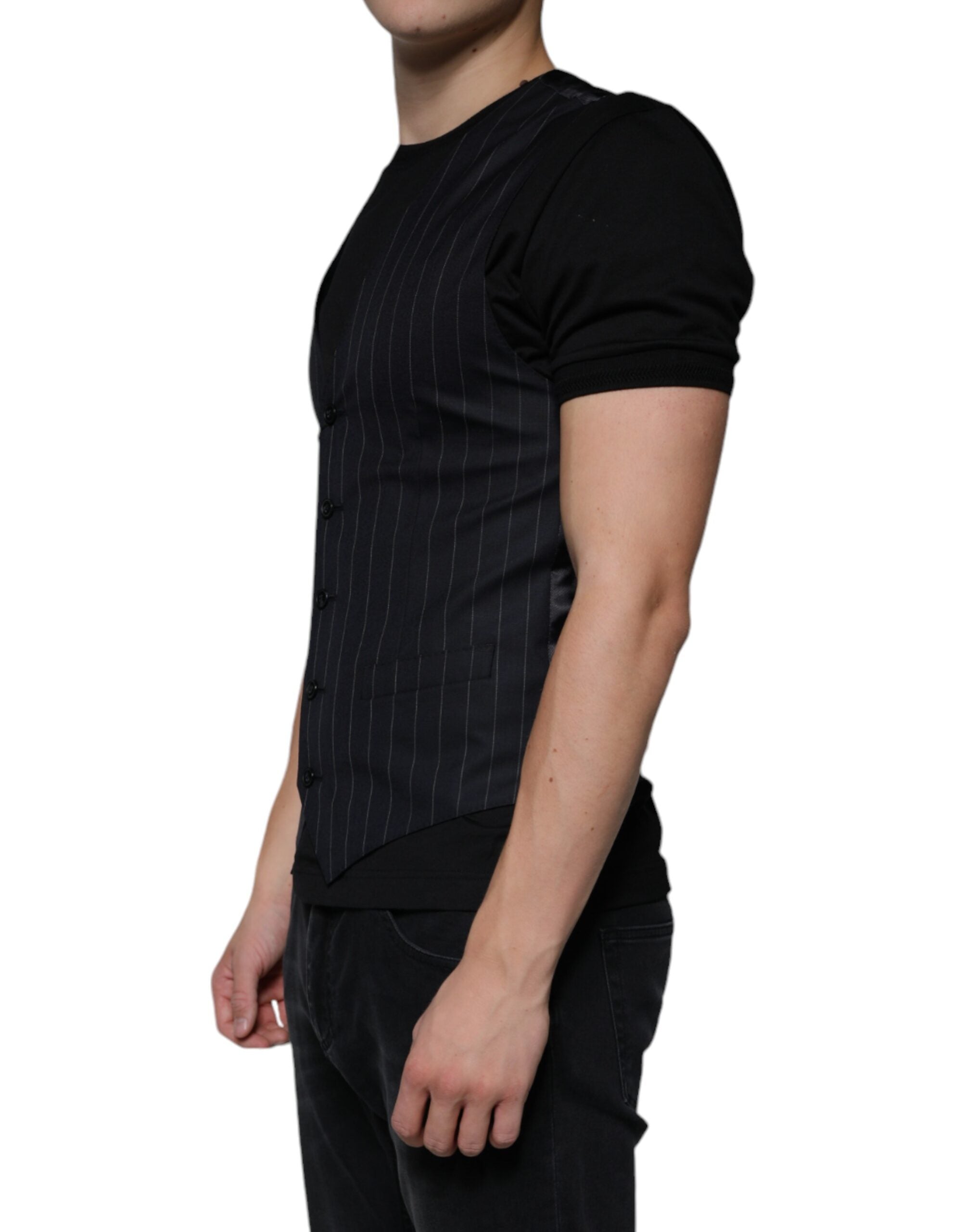 Gilet noir en cuir Dolce & Gabbana, robe sans manches élégante pour occasions formelles, détails en cuir et silhouette sophistiquée.