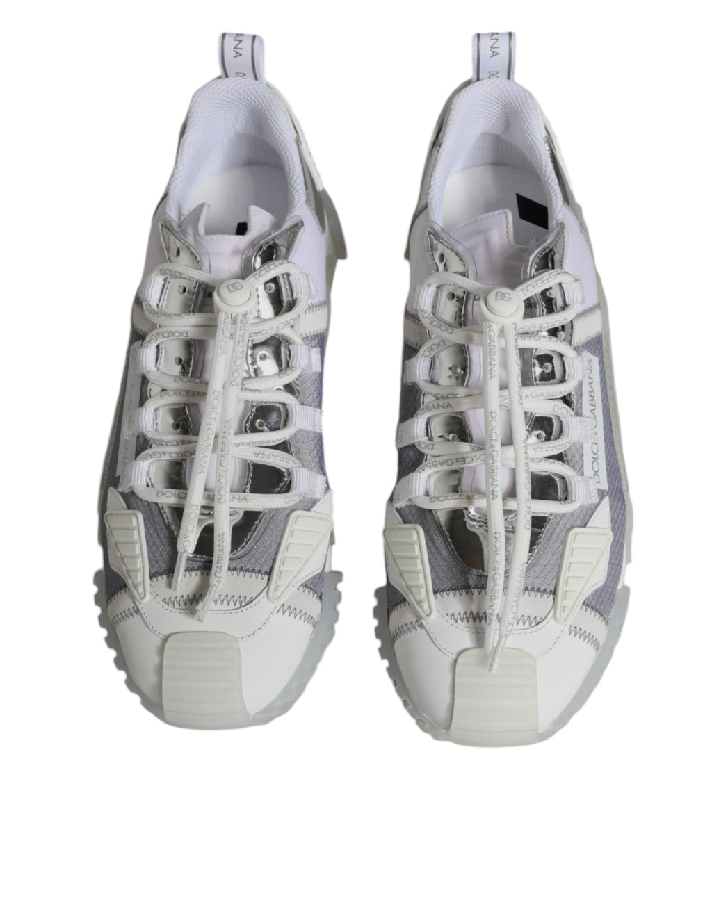 Chaussures sneakers basses blanches et argentées Dolce & Gabbana NS1, vue de côté.