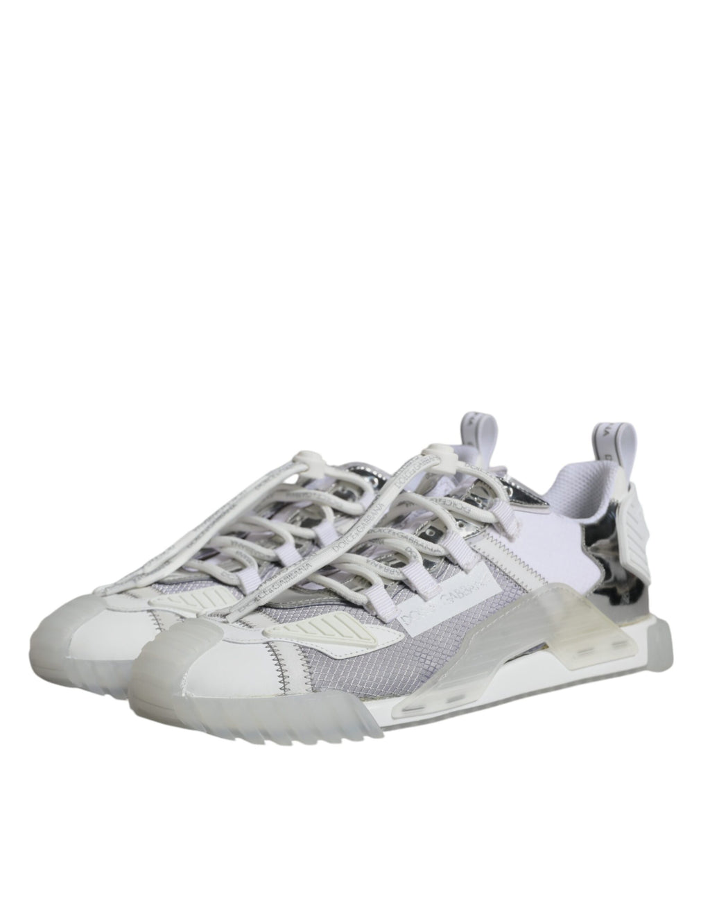 Chaussures sneakers basses blanches et argentées Dolce & Gabbana NS1, vue de côté.