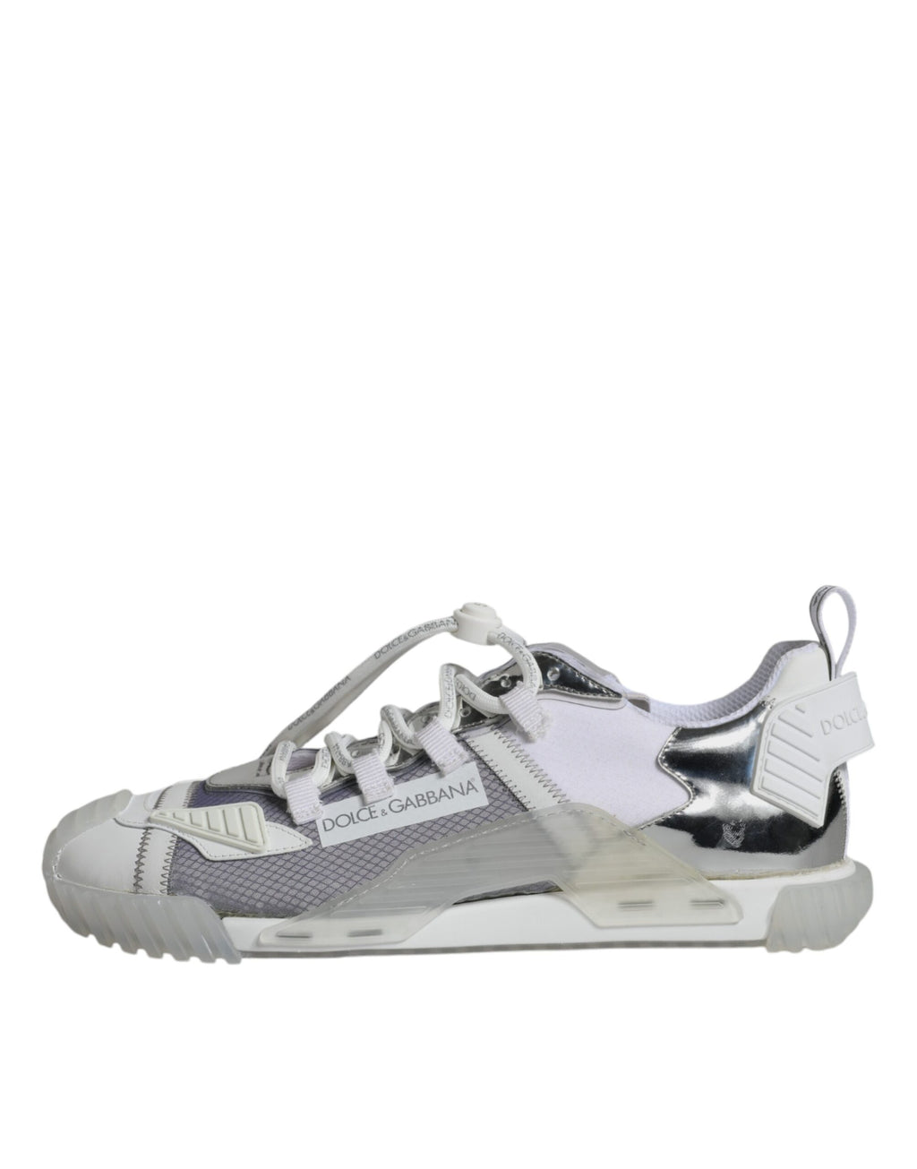 Chaussures sneakers basses Dolce & Gabbana blanches et argentées, style sport chic, vue de face.