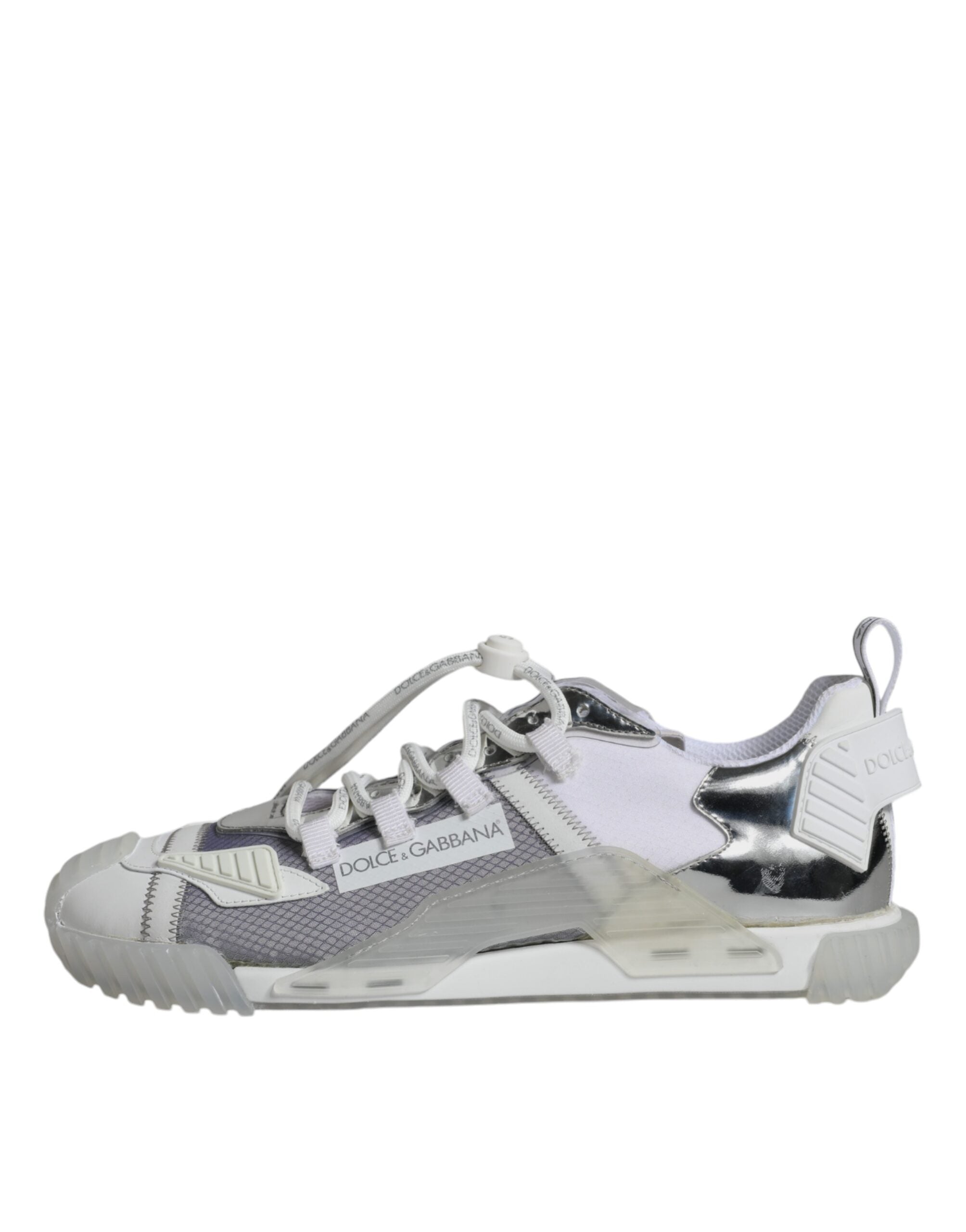Chaussures sneakers basses Dolce & Gabbana blanches et argentées, style sport chic, vue de face.