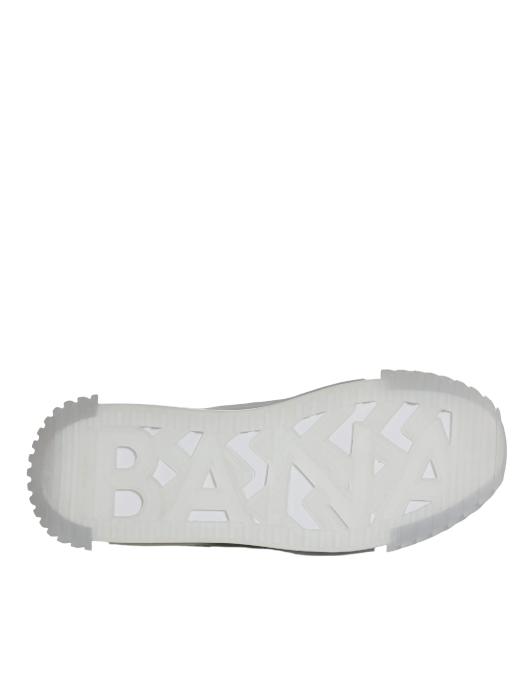 Chaussures sneakers basses blanches et argentées Dolce & Gabbana NS1, vue de face sur fond neutre.