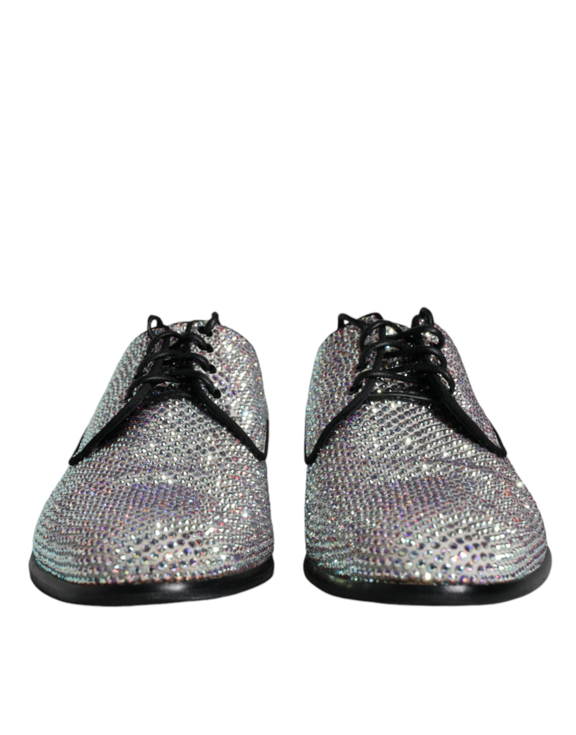 Chaussures derby en cuir argenté de Dolce & Gabbana ornées de strass, élégantes chaussures pour homme.
