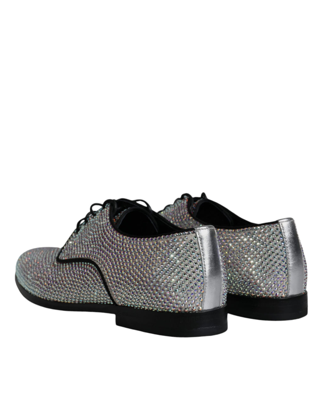 Chaussures Derby en cuir argenté de Dolce & Gabbana avec strass, style élégant et sophistiqué, vues de face.