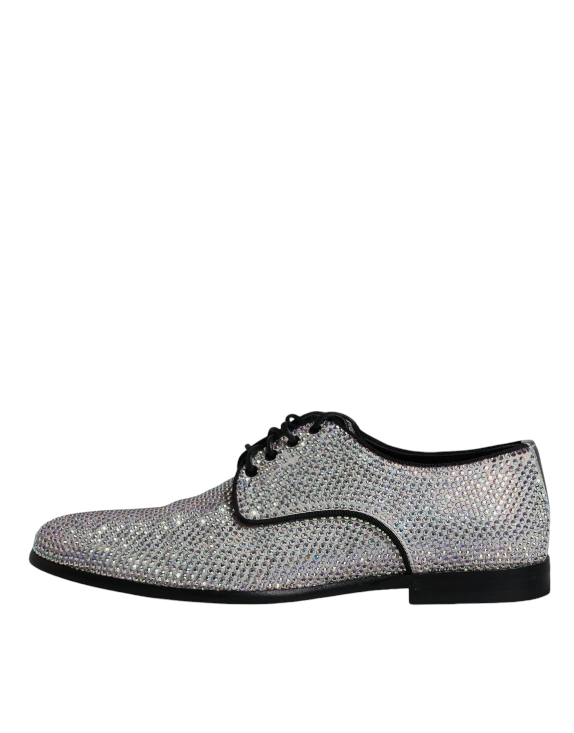 Chaussures Richelieu en cuir argenté avec strass Dolce & Gabbana, chaussures de ville élégantes et brillantes pour homme.