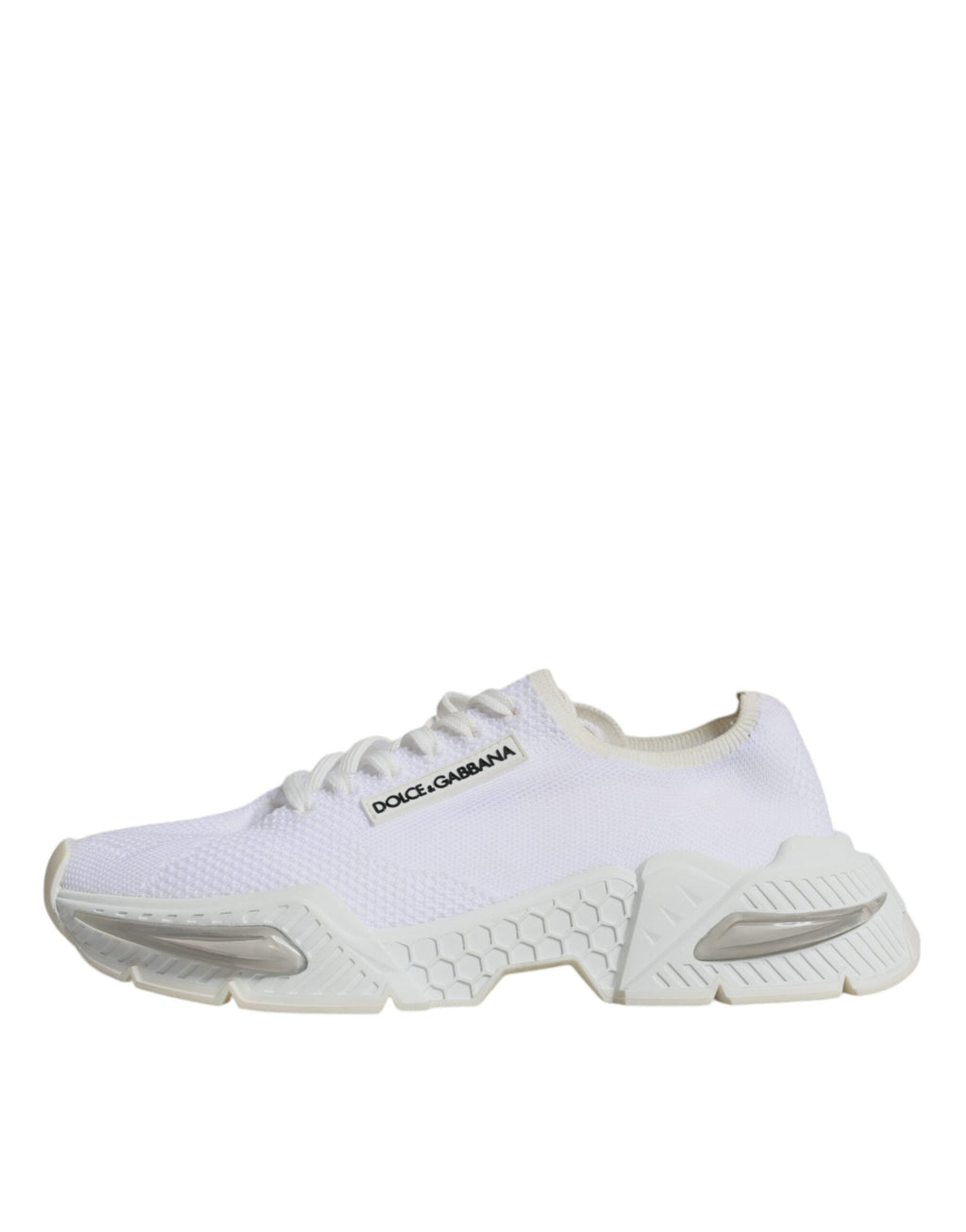Chaussures masculines Dolce & Gabbana Airmaster blanches, baskets basses en toile avec semelle blanche, style décontracté.