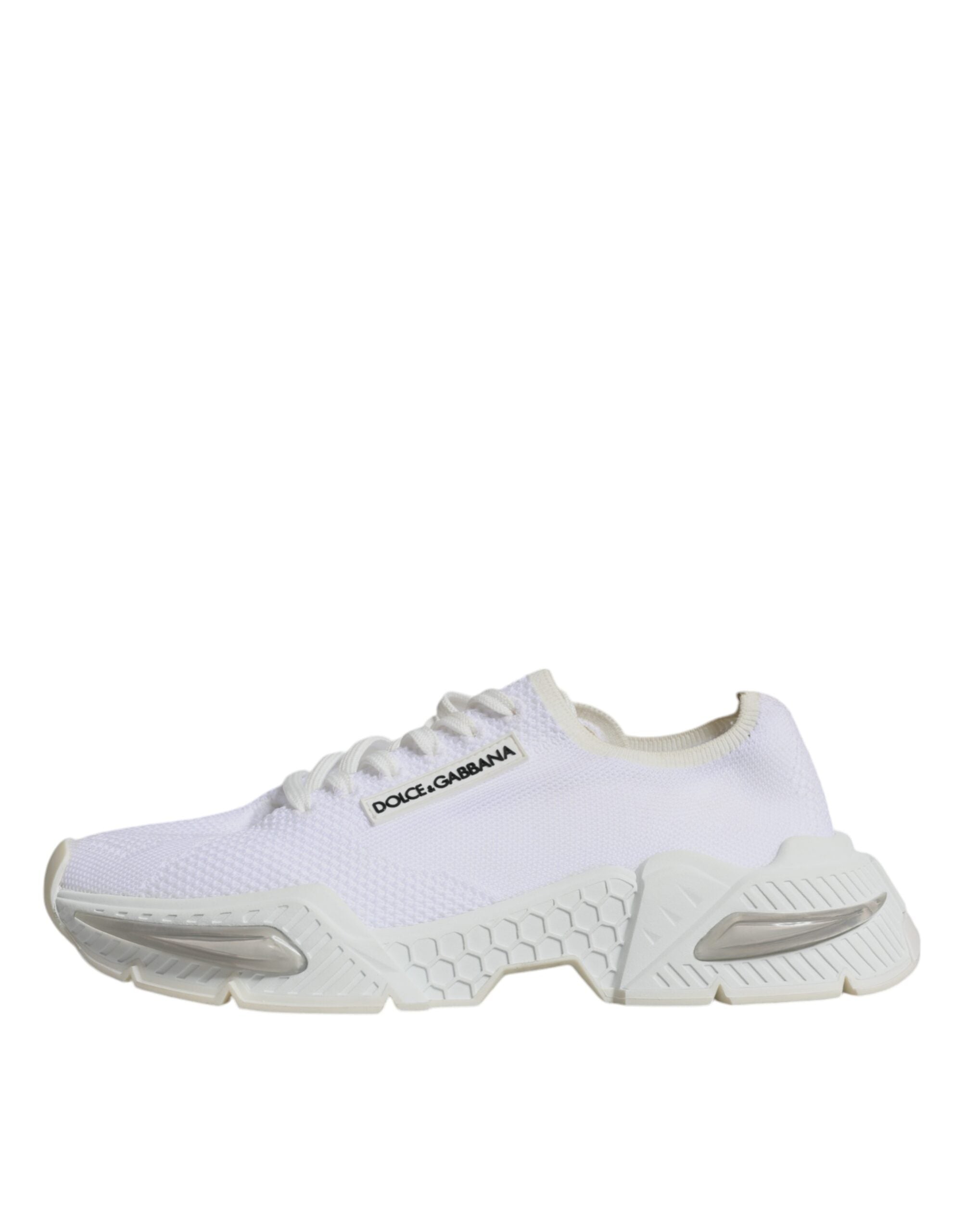 Chaussures masculines Dolce & Gabbana Airmaster blanches, baskets basses en toile avec semelle blanche, style décontracté.