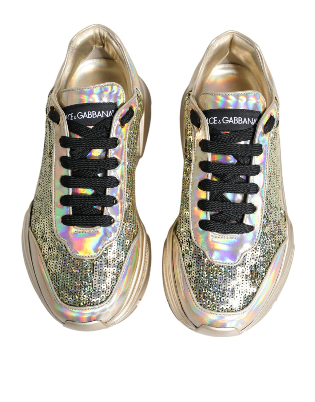 Chaussures sneakers Dolce & Gabbana Daymaster en sequins dorés iridescents, style brillant et tendance.