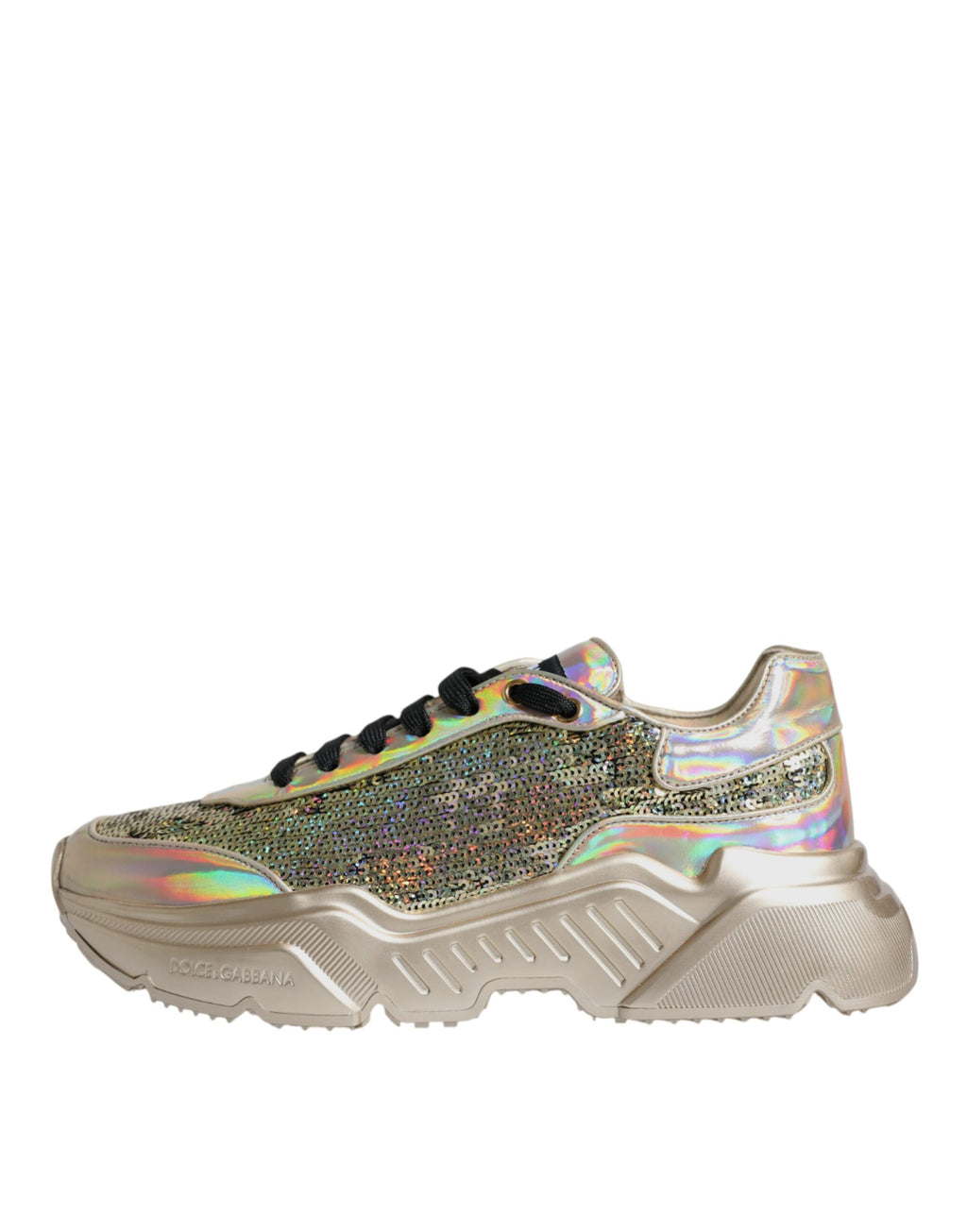 Chaussures sneakers Dolce & Gabbana Daymaster or avec sequins irisés, design élégant et brillant, vue de face.