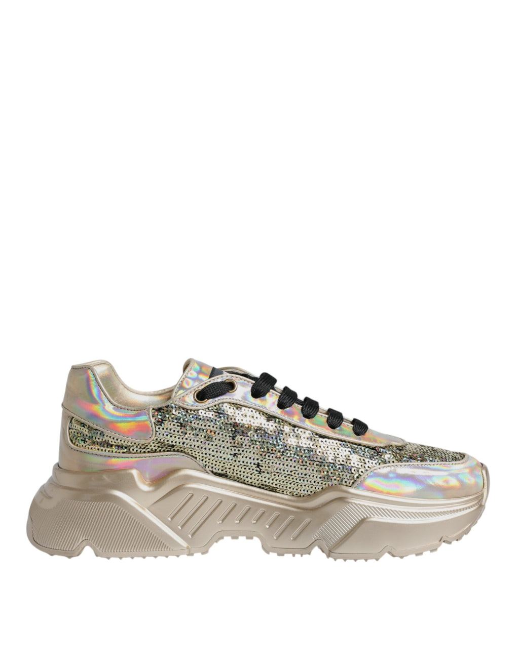 Chaussures Dolce & Gabbana Daymaster, baskets dorées à sequins irisés brillants, vue de face avec détails scintillants