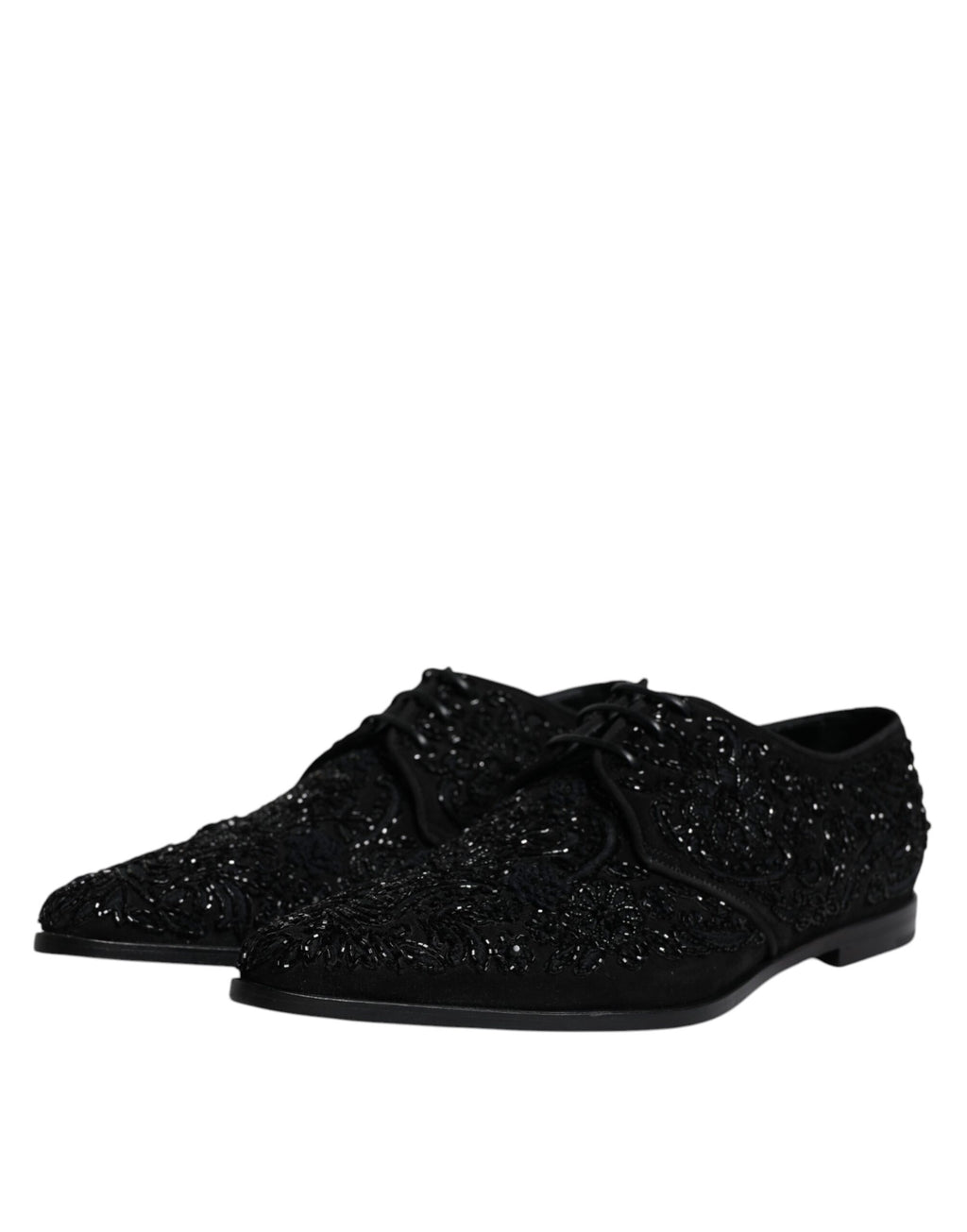 Chaussures Derby formelles en suède noir Dolce & Gabbana ornées de détails brillants et embellissements élégants.