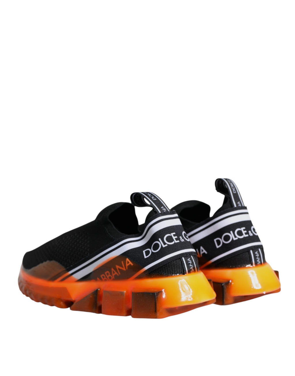 Chaussures slip-on noires et oranges Dolce & Gabbana Sorrento, baskets élégantes en cuir avec détails colorés.