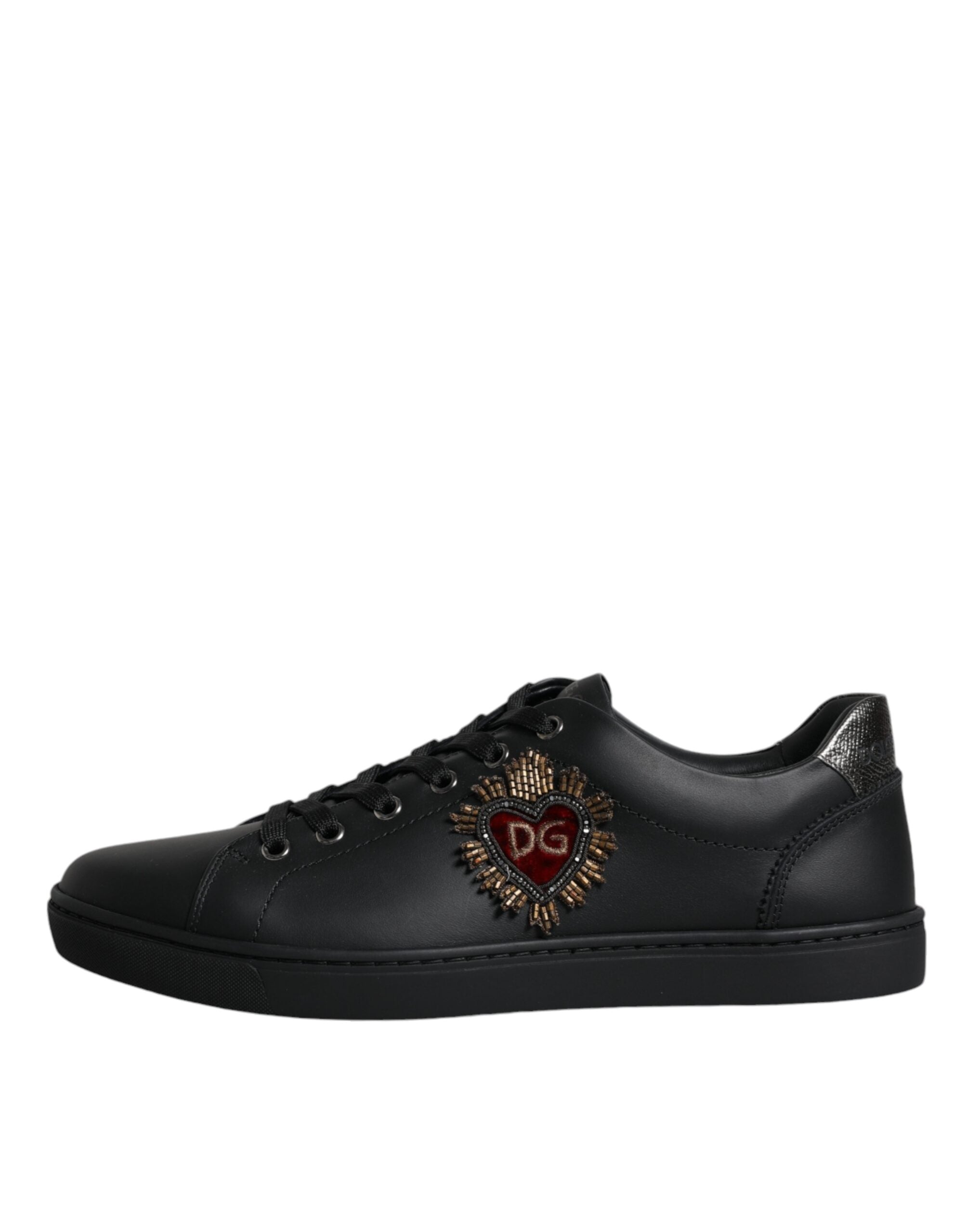 Chaussures sneakers homme Dolce & Gabbana London Sacred Heart noires, design élégant, en cuir avec détails stylisés.