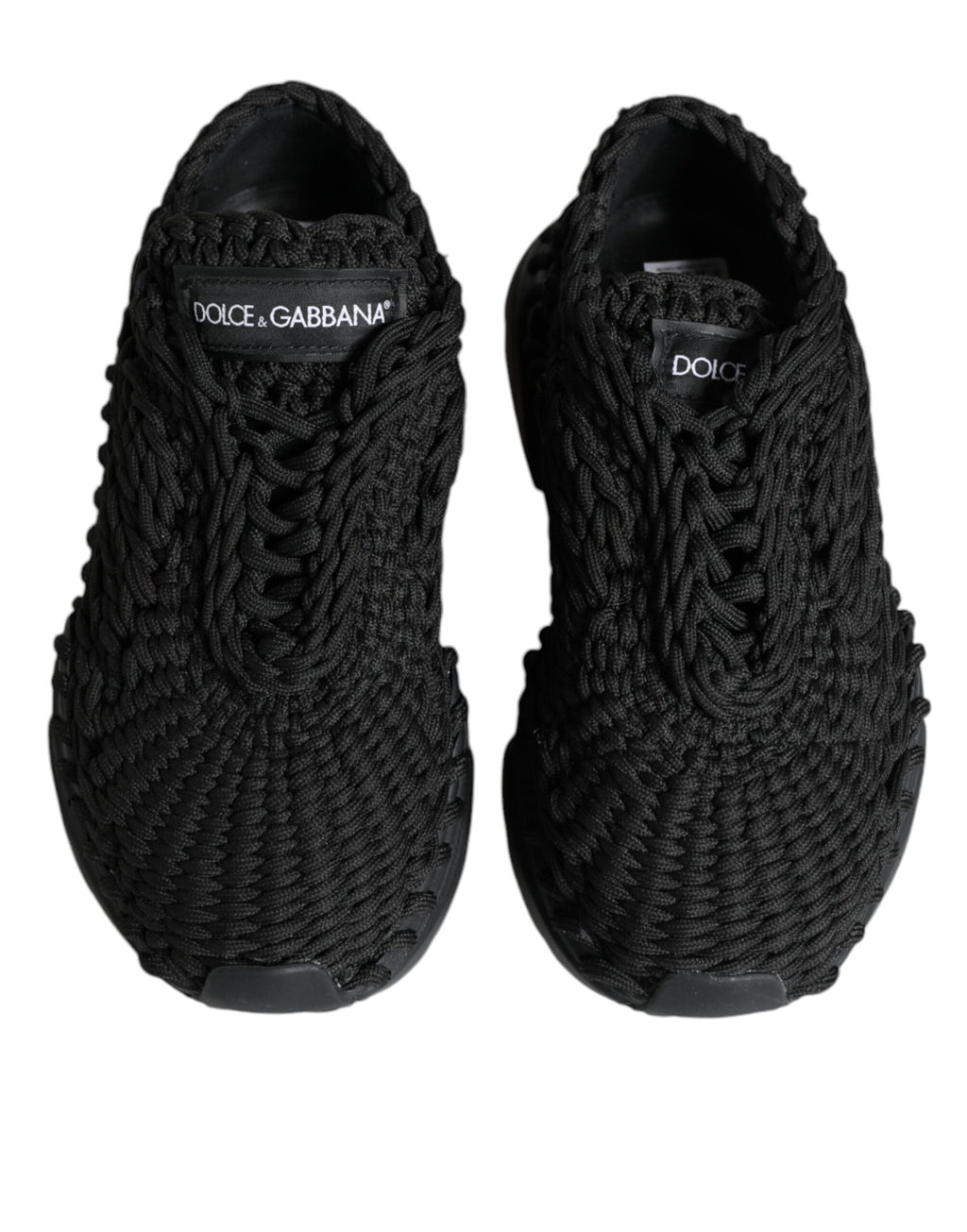 Chaussures sneakers noires Dolce & Gabbana Daymaster en tricot, vue de face avec détails en tissu et semelle blanche.