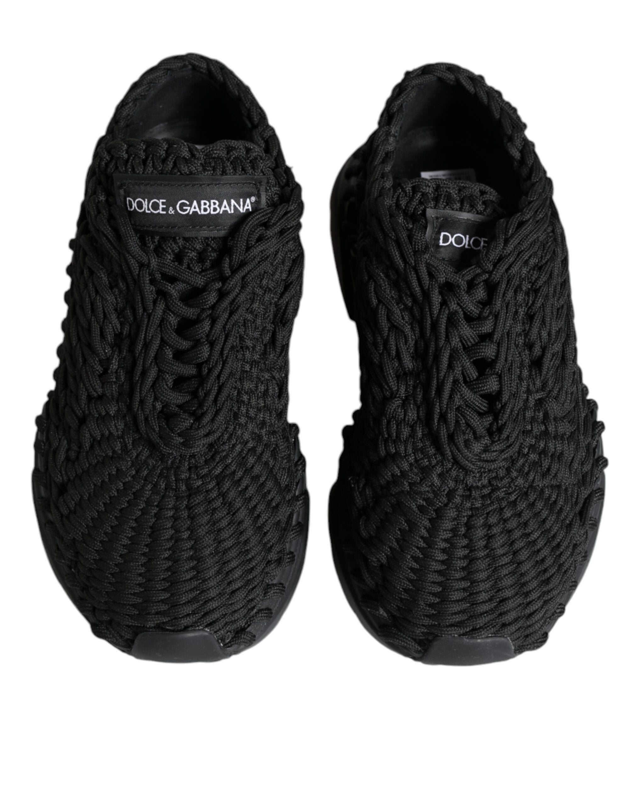 Chaussures sneakers noires Dolce & Gabbana Daymaster en tricot, vue de face avec détails en tissu et semelle blanche.