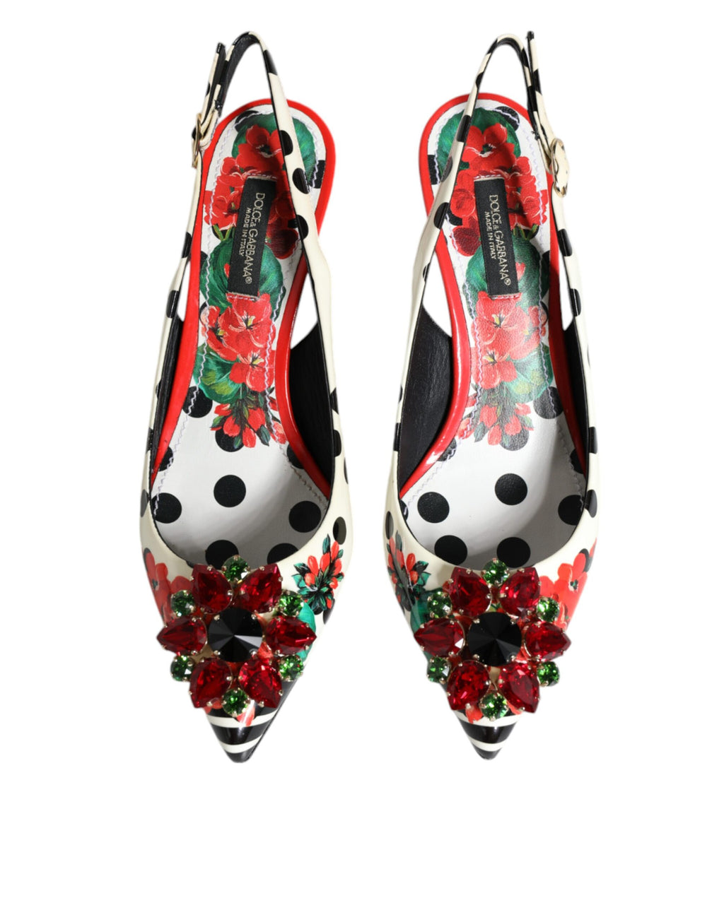 Escarpins Dolce & Gabbana en cuir multicolore avec cristaux, style slingback élégant et sophistiqué.
