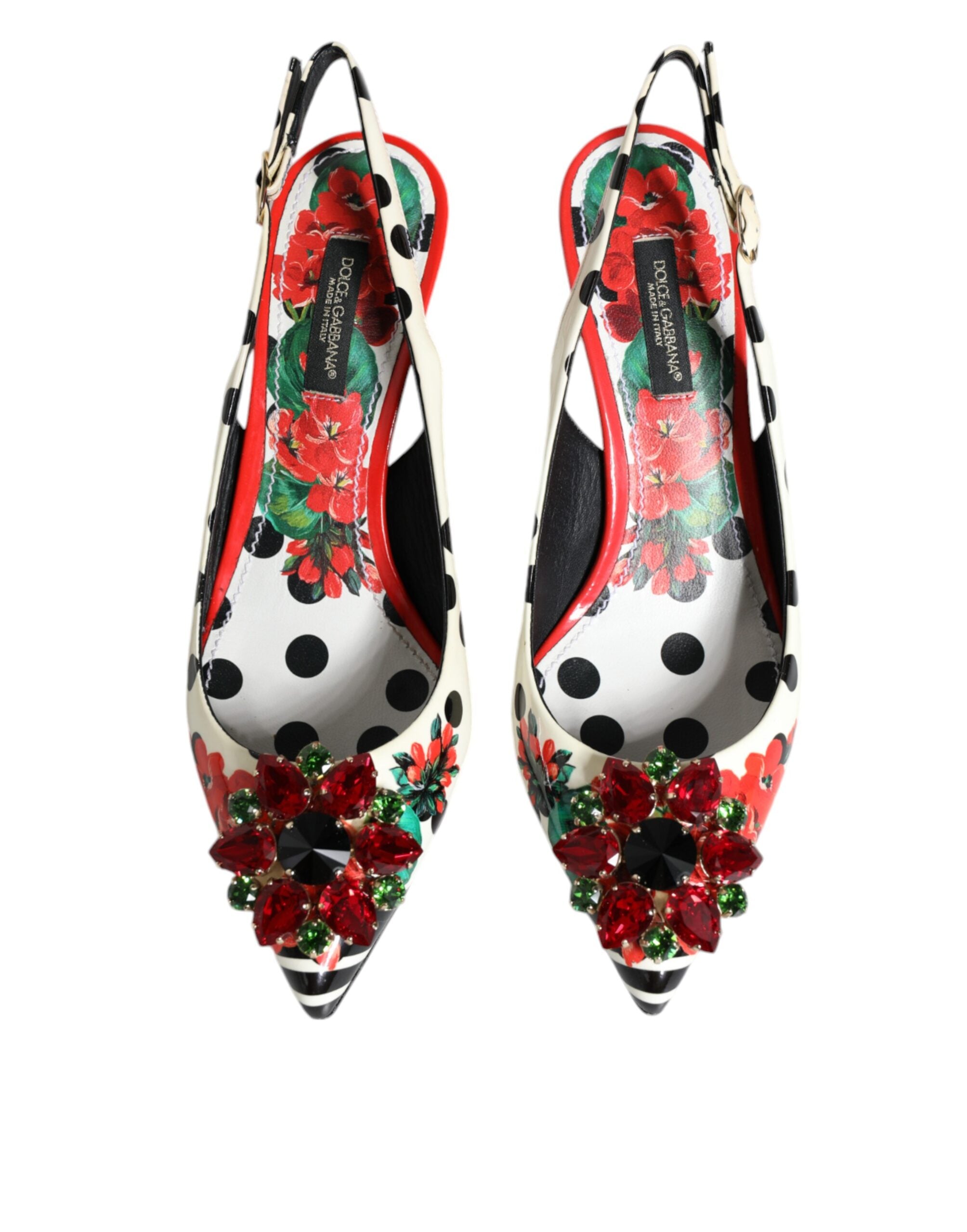 Escarpins Dolce & Gabbana en cuir multicolore avec cristaux, style slingback élégant et sophistiqué.