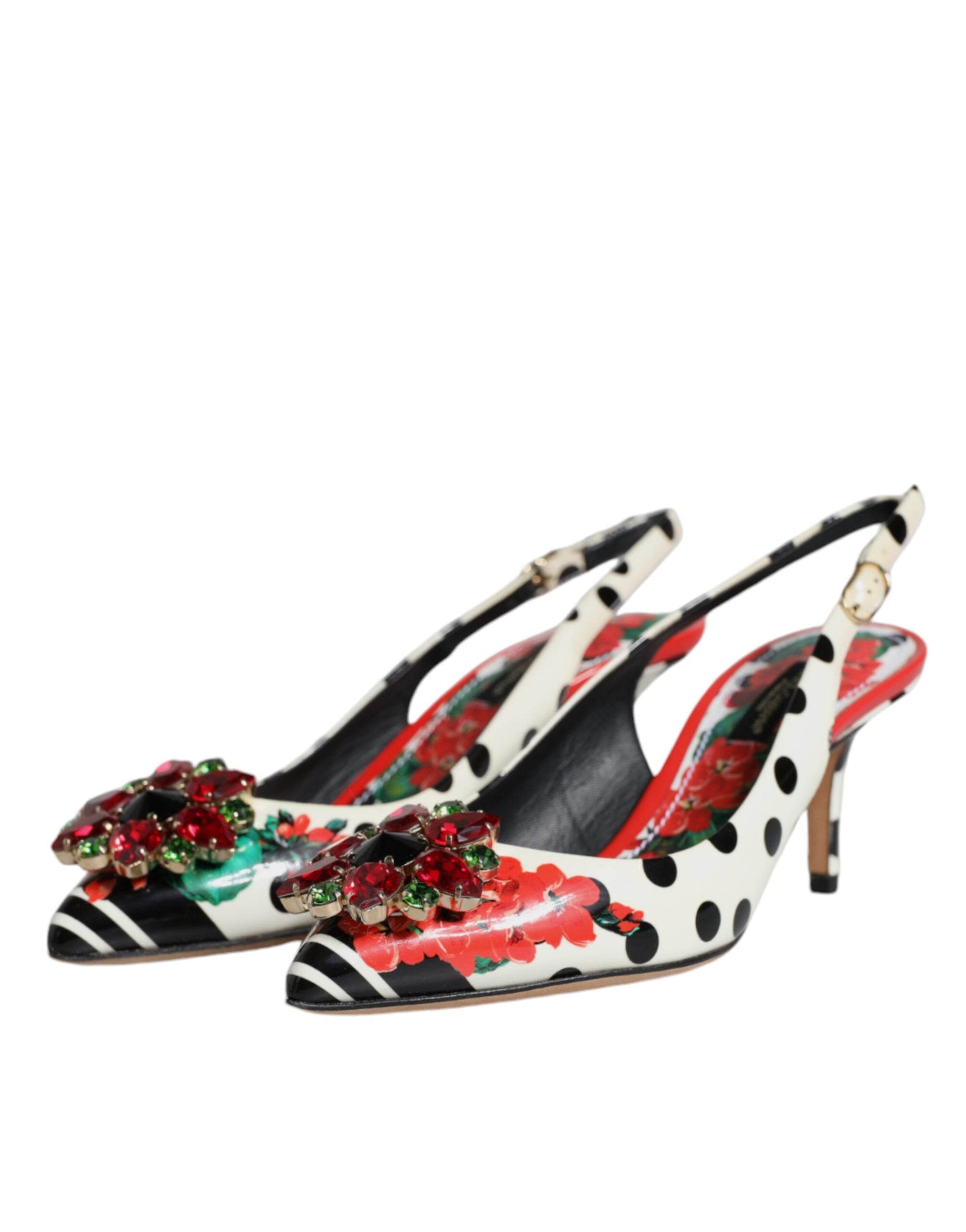 Escarpins à talons en cuir multicolore Dolce & Gabbana avec cristaux et bride arrière, élégants et sophistiqués.
